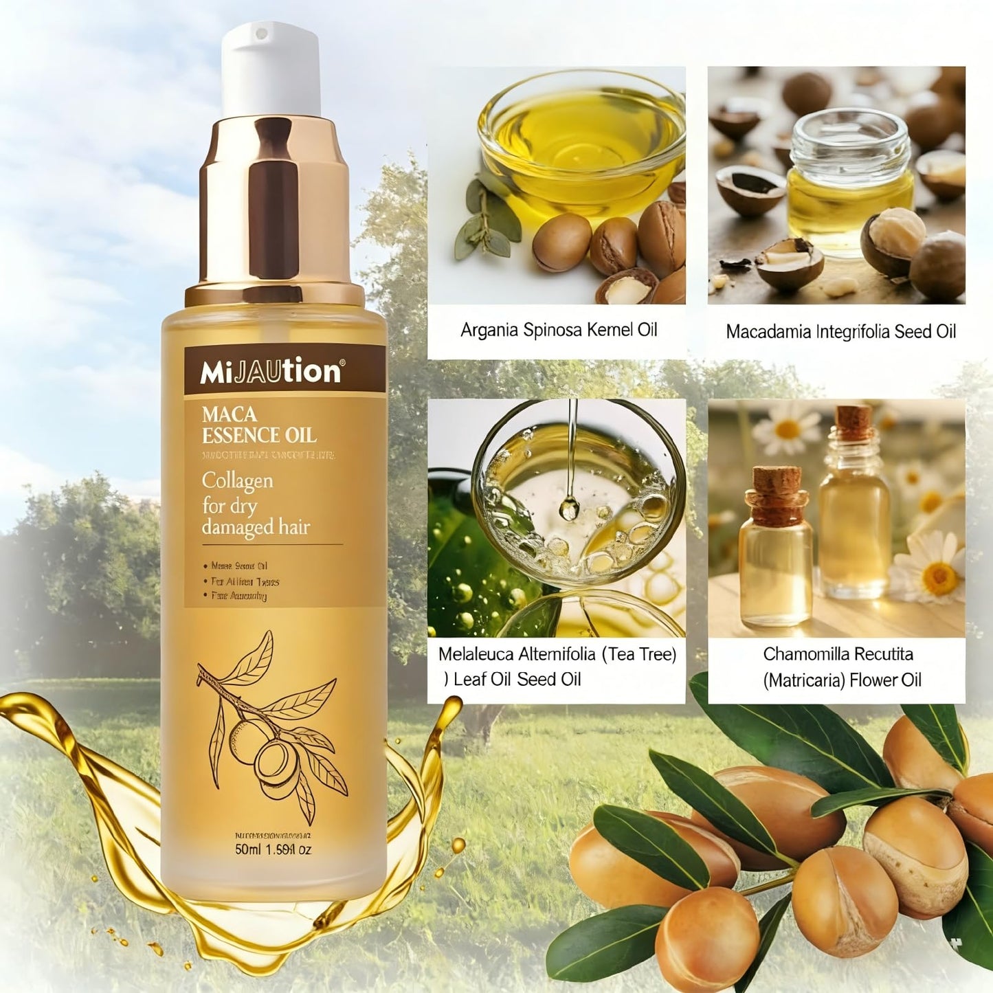 Mijaution Argan Oil Hair Oil for Frizzy & Damaged Hair, Lightweight Repair with Collagen, Smoothing Hair Oil for Curly or Dry Hair, 1.69Fl.oz