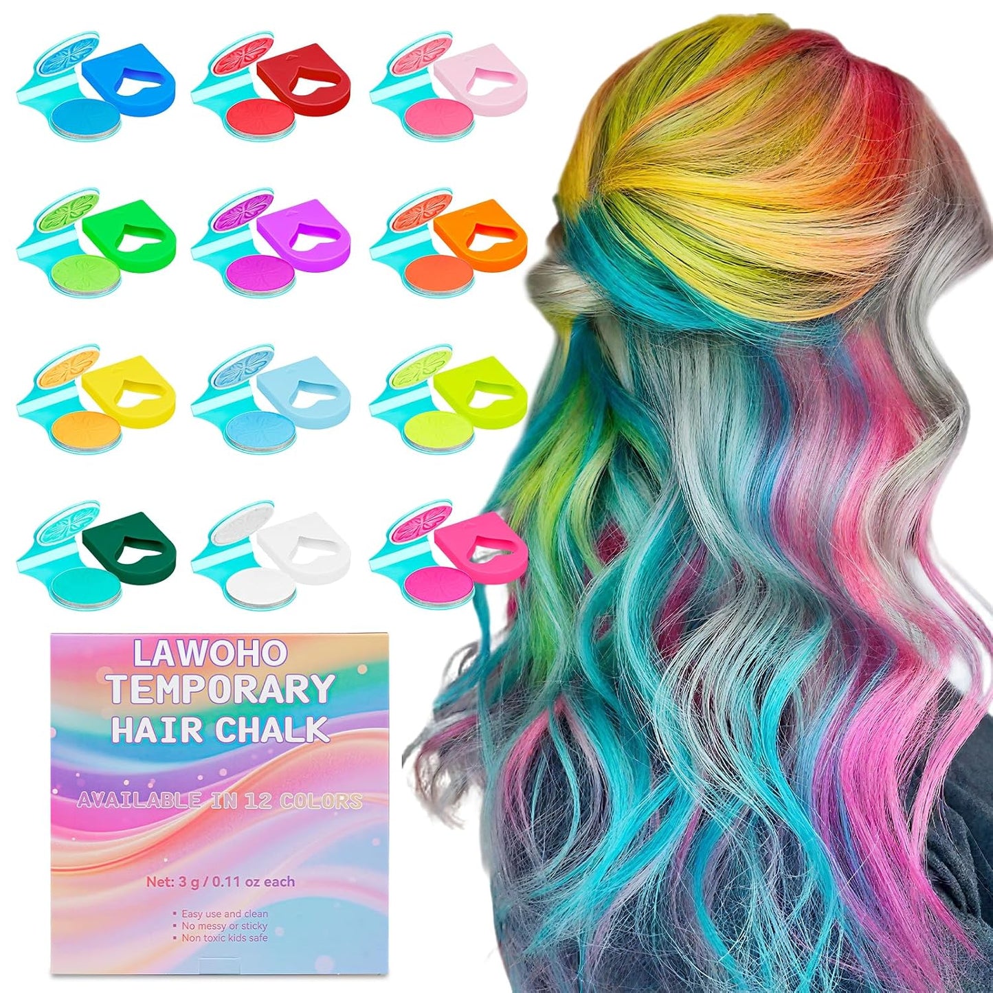 Temporary Hair Chalk - 12 Washable Neon Colors for Kids & Adults | Glow Under UV Light - Perfect for Halloween & Birthday Gifts (Ages 5-12)