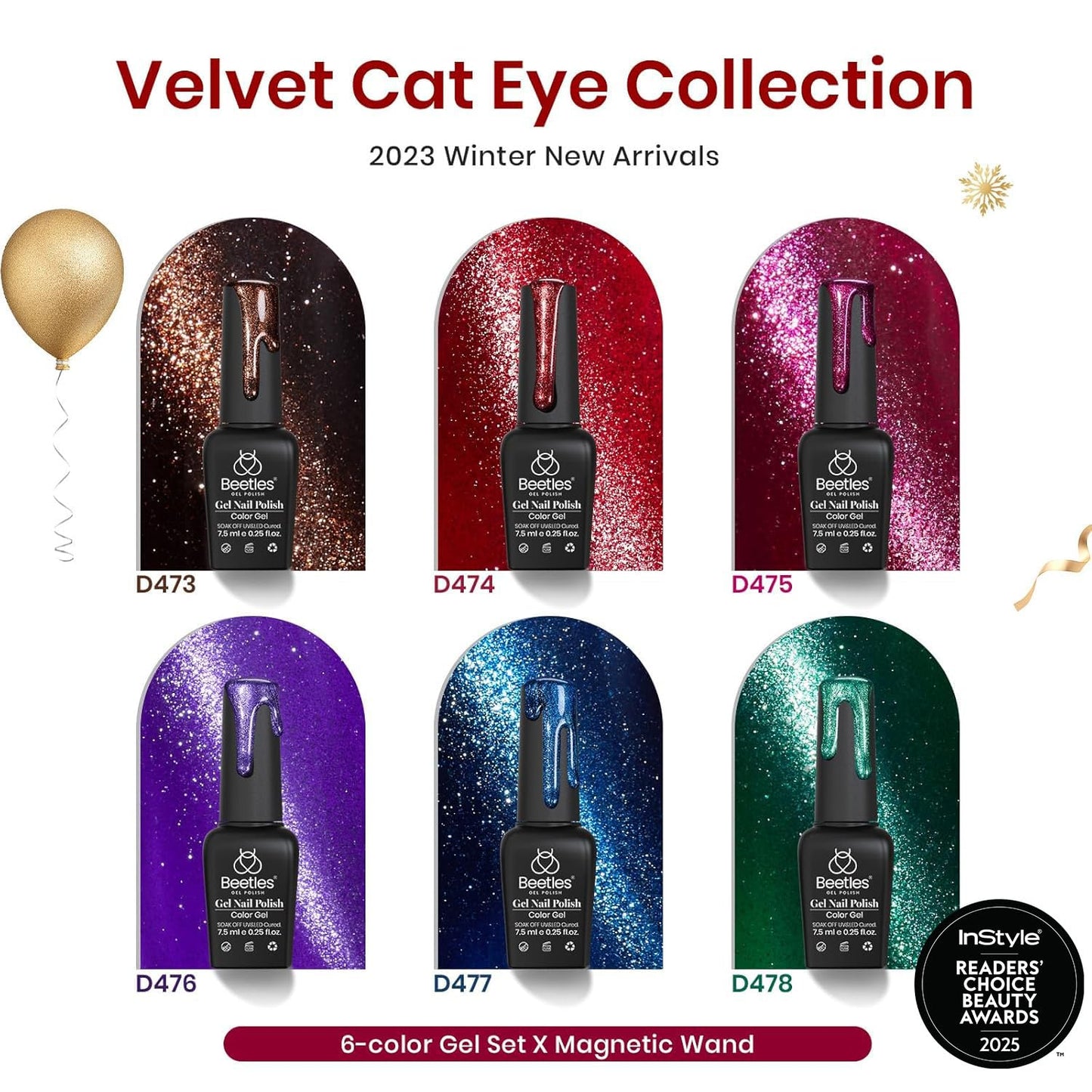 Beetles Fall Cat Eye Gel Nail Polish Set, 6 Colors Glitter Gel Polish Kit