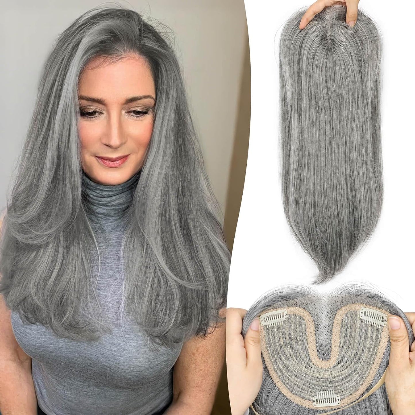 Ash Blonde Synthetic Hair Toppers with Platinum Highlights - 18" Long, 5x6" Base for Thinning Hair, Clip-In Wispy Bangs