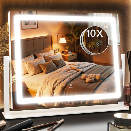 VEIOBFSA 12" x16" Vanity Mirror with Lights, LED Makeup Mirror with Lights and 10X Magnification,Lighted Mirror with 3 Color Modes＆ Dimmable for Desk, Travel, White