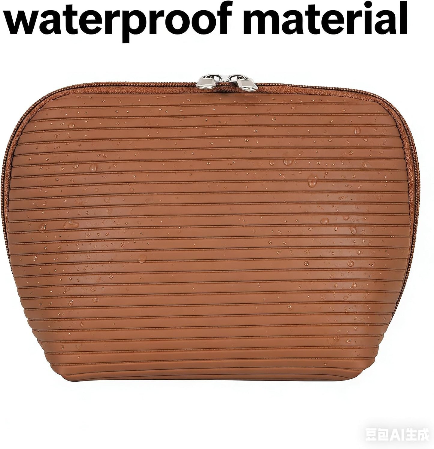 Travel Makeup Bag - Waterproof Stand Up Cosmetic Organizer with Brush Holders | Medium Brown, Fold-Down Design for Skincare & Toiletries