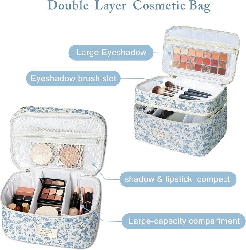 Large Cosmetic Makeup Bag for Women - Cute Quilted Floral Toiletry Organizer | Blue Flowers