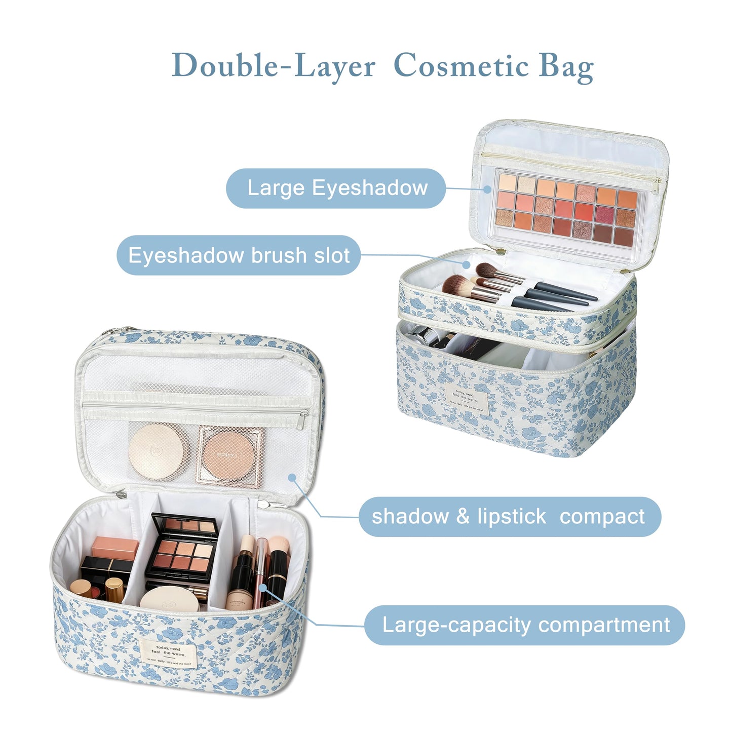 Gosect Quilted Floral Makeup Bag, Double Layer Large Capacity Cosmetic Bag with Portable Handle, Cute Coquette Aesthetic Toiletry Bag, Portable Travel Organizer with Dividers for Women Girls