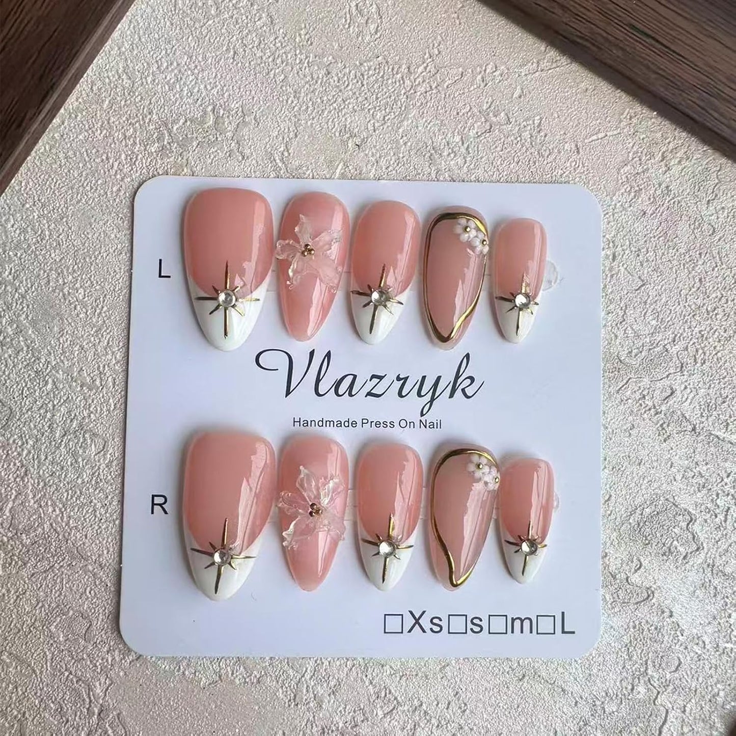 Brown French Tip Press On Nails - 3D Metallic Rhinestones | Medium Almond Reusable Acrylic False Nails (10 PCS)