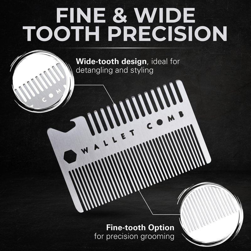Wallet Comb Stainless Steel Hair Comb, Anti-static, Fine-tooth, Travel or Camp Comb, Light Weight Metal Comb, Dandruff Comb, Bottle Opener, Credit Card pocket Comb for Thinner Hair, Beard & Mustache