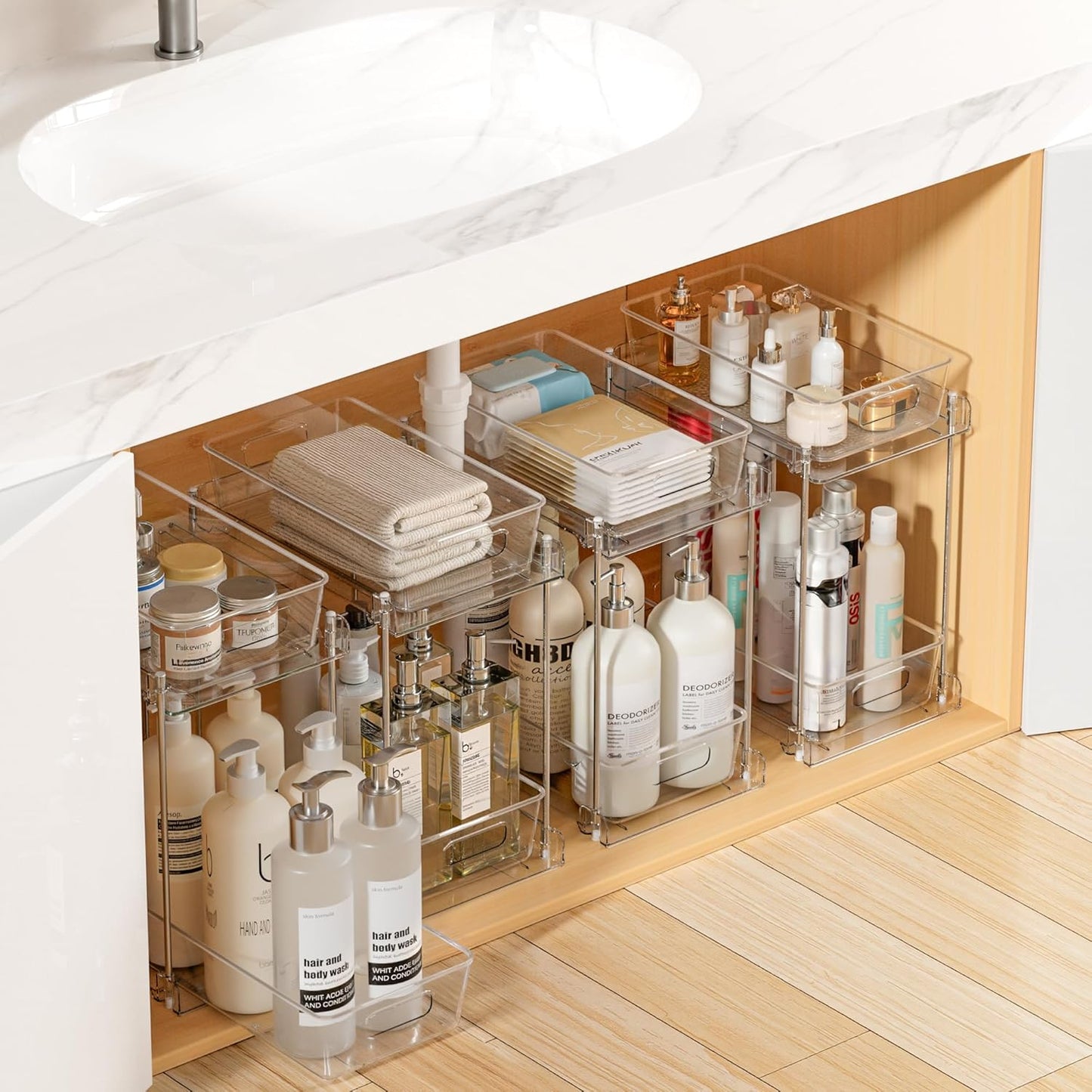 4 Pack Bathroom Organizer - 2 Tier Clear Under Sink Storage Bins | Vanity Countertop & Cabinet Drawers