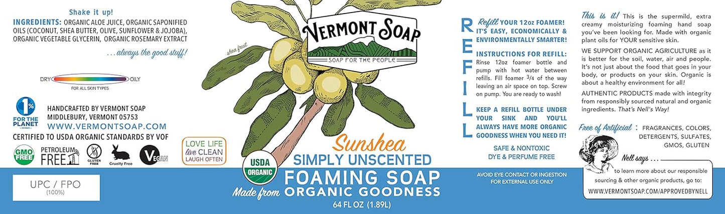 Vermont Soap Organic Unscented Foaming Hand Soap - Natural Moisturizing Liquid Soap for Dry Skin | 64 oz