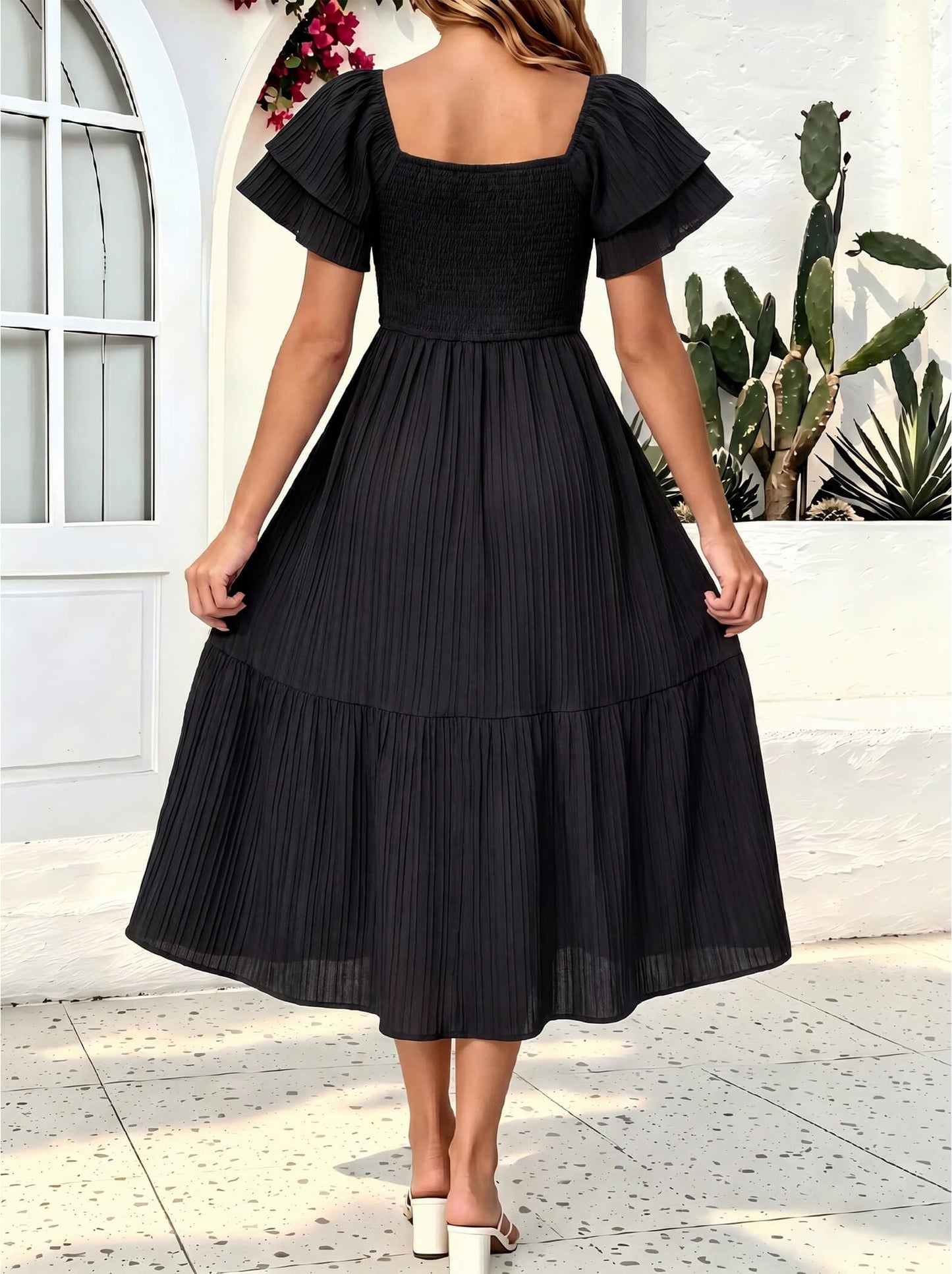 OLICE Women's Summer Midi Dress Short Sleeve Square Neck Off Shoulder Ruffle Elastic High Waist Vacation Dress with Pockets