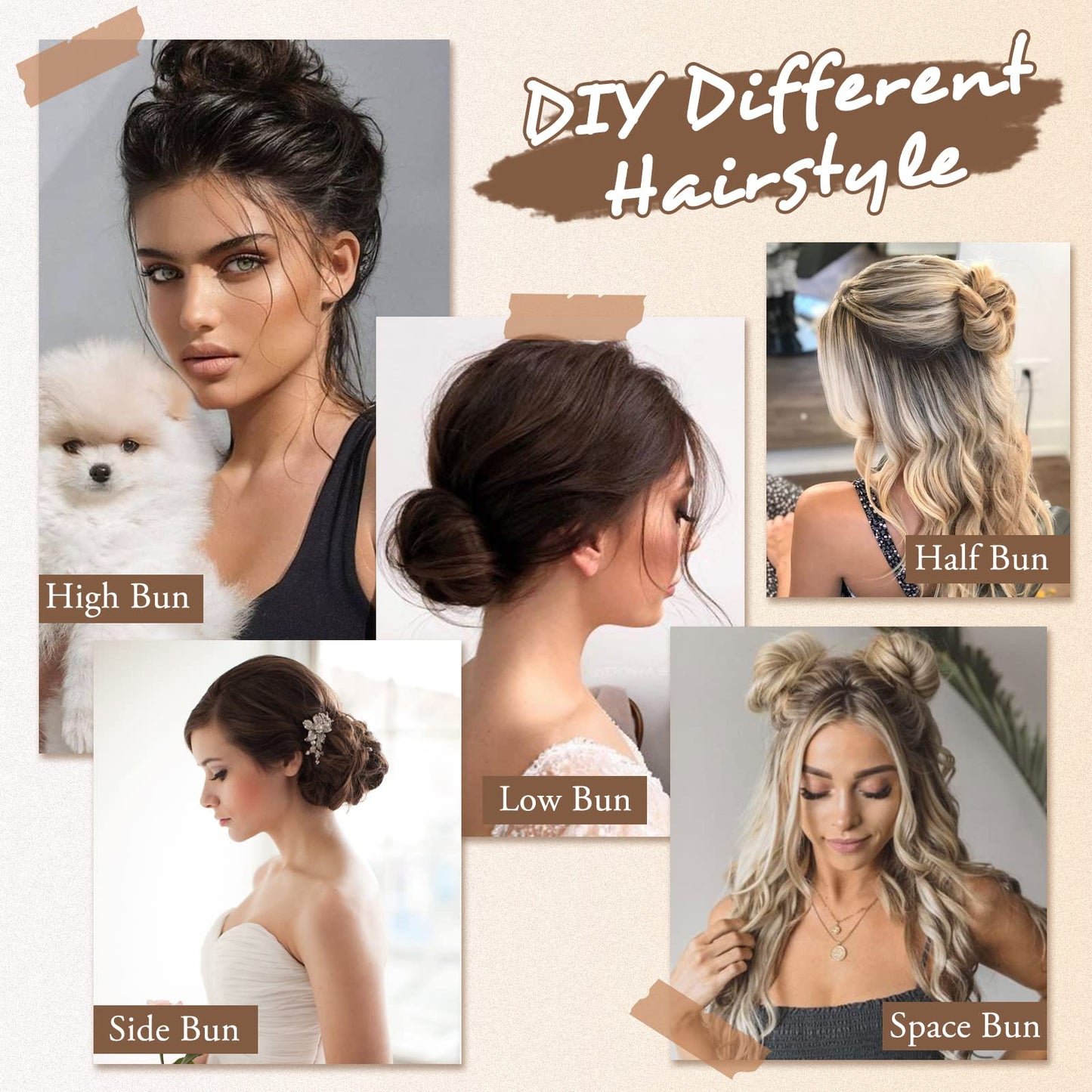 BARSDAR 100% Human Hair Bun Extension - Elastic Wavy Curly Messy Bun Scrunchies for Women - Brown Blonde Real Human Hair Updo Extensions Thick Fluffy Chignons Hairpieces - Brown mix Blonde