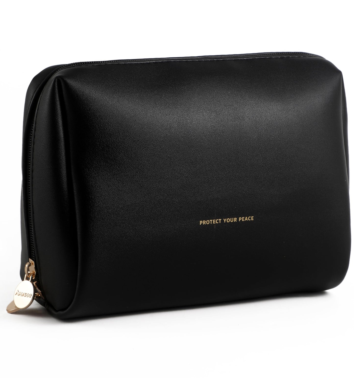 Aveniee Travel Makeup Bag, Large Toiletry Bag for Women, Vegan Leather Travel Pouches Case, Make Up Bag for Travel Essentials Brushes, Cosmetic Bag Purse Organizer with Divider and Gold Zippers-Black