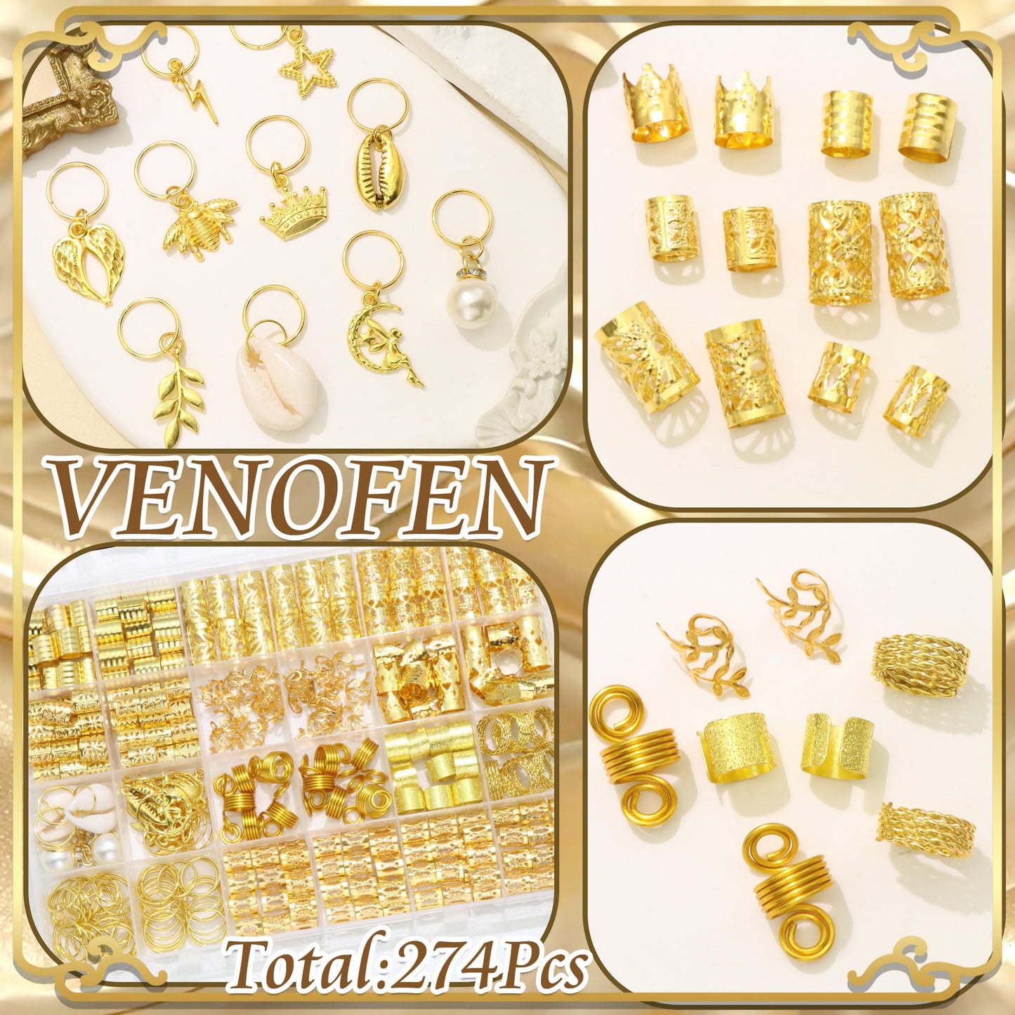 VENOFEN 274PCS Gold Hair Jewelry Shell Braids Clips Multi-Styles Loc Dreadlock Pearl Hair Charms Pendants Decor Braids Clips Accessories for Women Girls