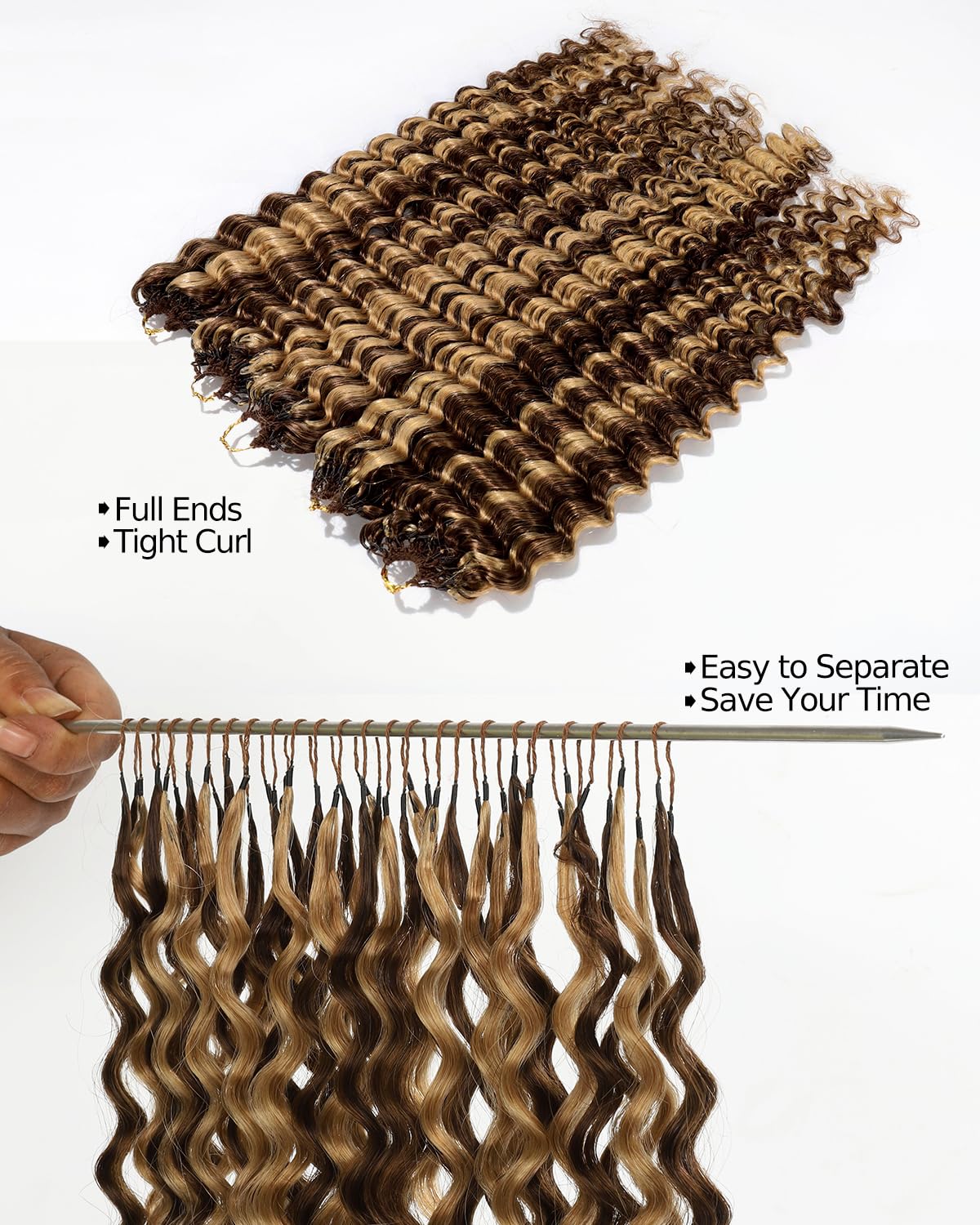 BEEOS Highlights Human Crochet Hair P4/27, Deep Wave Pre-Separated Miracle Knots Feather Crochet Hair for Women, Brown with Honey Blonde 16 Inch 5 PCS 125 Strands