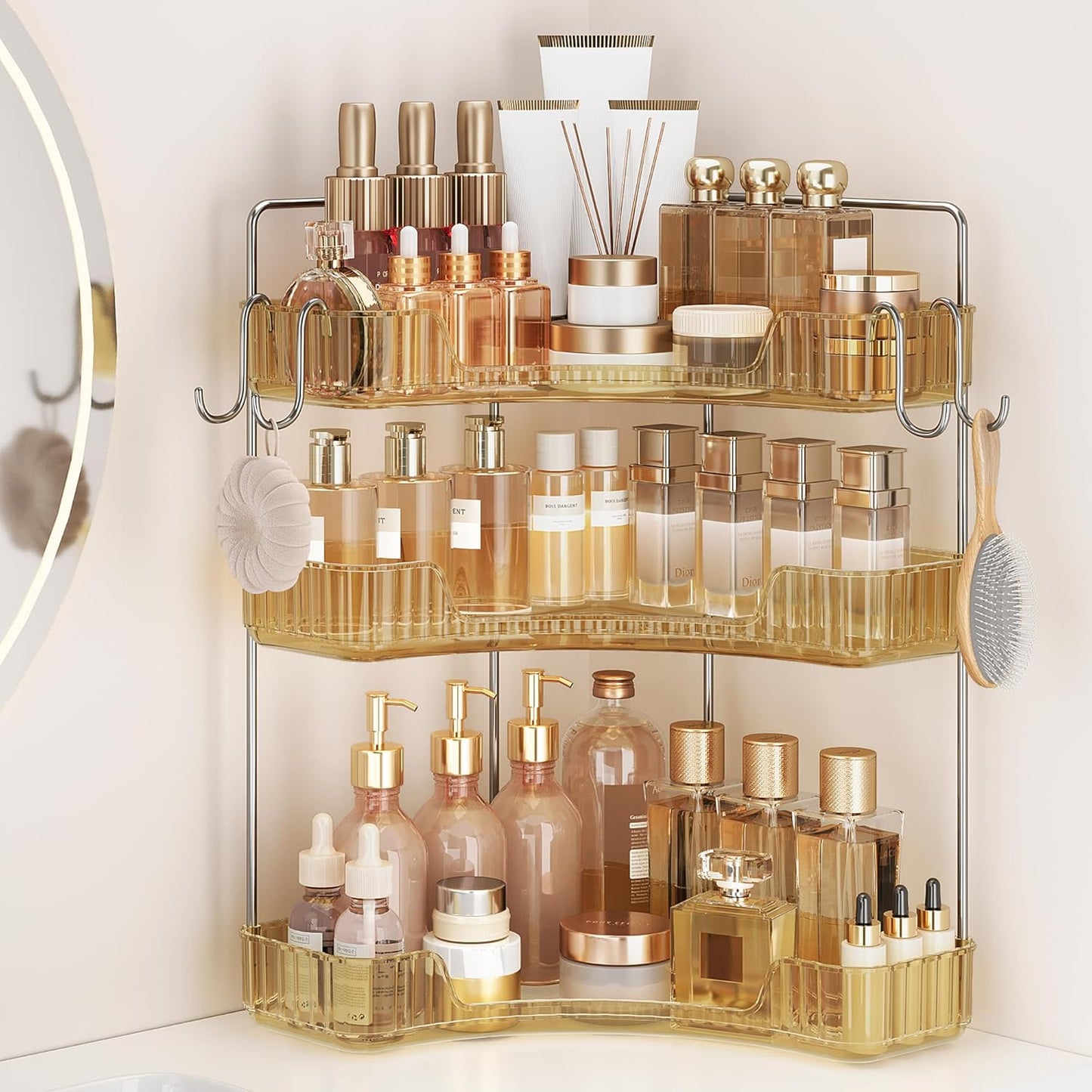 Corner Bathroom Counter Organizer - 3-Tier Storage Shelf with Hooks for Makeup & Skincare | Clear