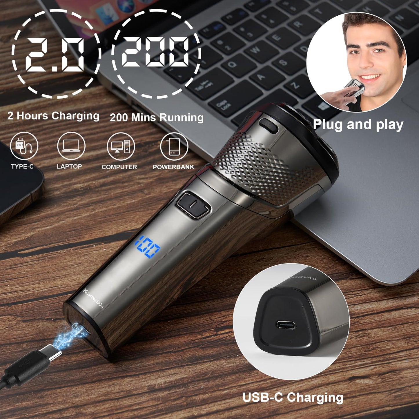Electric Shaver Razor for Men Face Clean Shave - Rechargeable USB-C, Cordless, Dry/Wet Rotary Shaver with LED Display and Replacement Blade