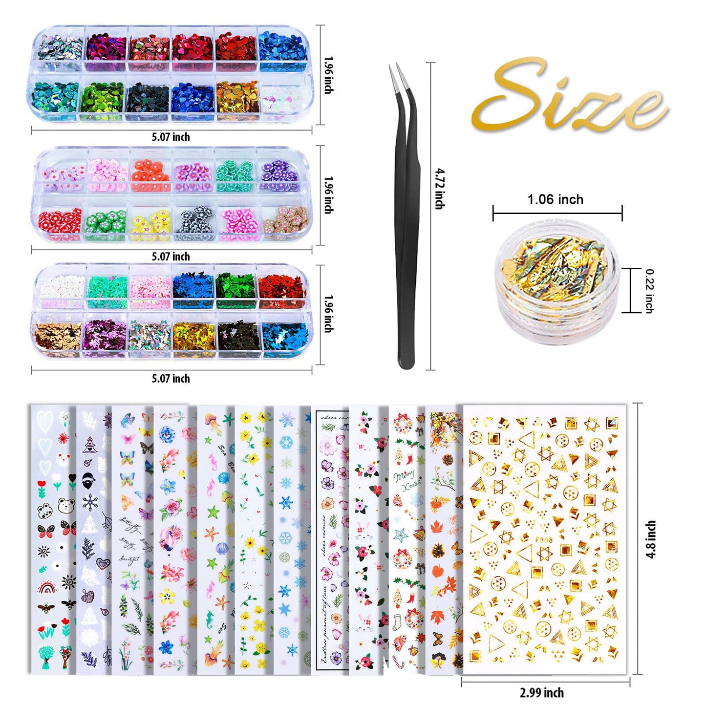 Nail Art Sticker, 12 Sheets Nail Art Stickers Flower Nail Stickers Decal 3D Self-Adhesive, Teenitor Nail Art Decoration with Nail Glitter Butterfly Sequins Nail Foils Nail Flower Slices