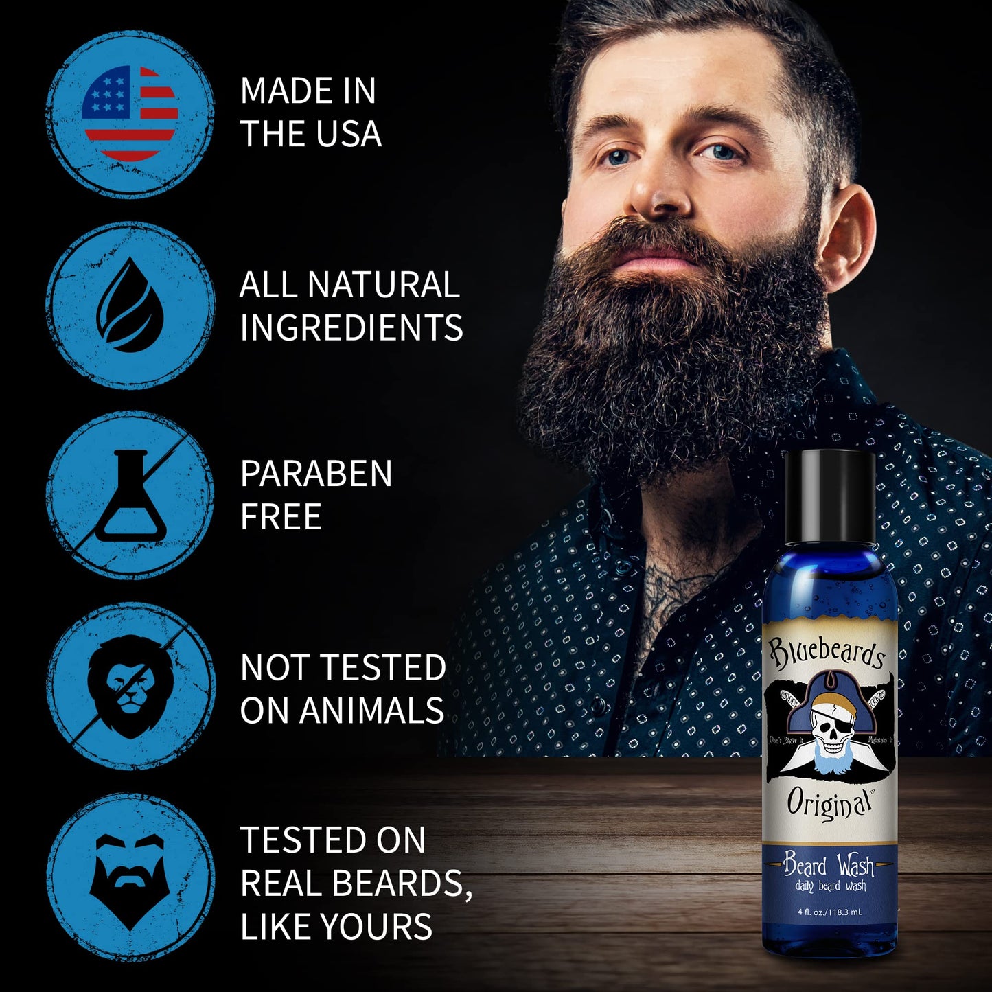 Beard Wash for Men - 4 oz Bluebeards Original Natural Beard Wash and Beard Moisturizer, Infused with Aloe & Lime - Deeply Cleans, Softens, and Conditions Your Beard and Skin Underneath - Made in USA