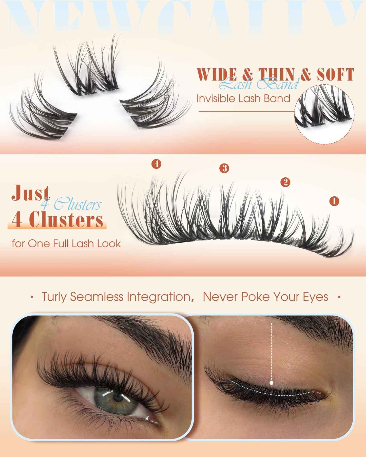 Lash Clusters Clear Band Wispy Eyelash Clusters Natural Look Lash Extensions Invisible Band Spider Cluster Eyelash Extensions 8-16MM Indivdiual Lahses D-curly Breeze Cluster Lashes by Newcally