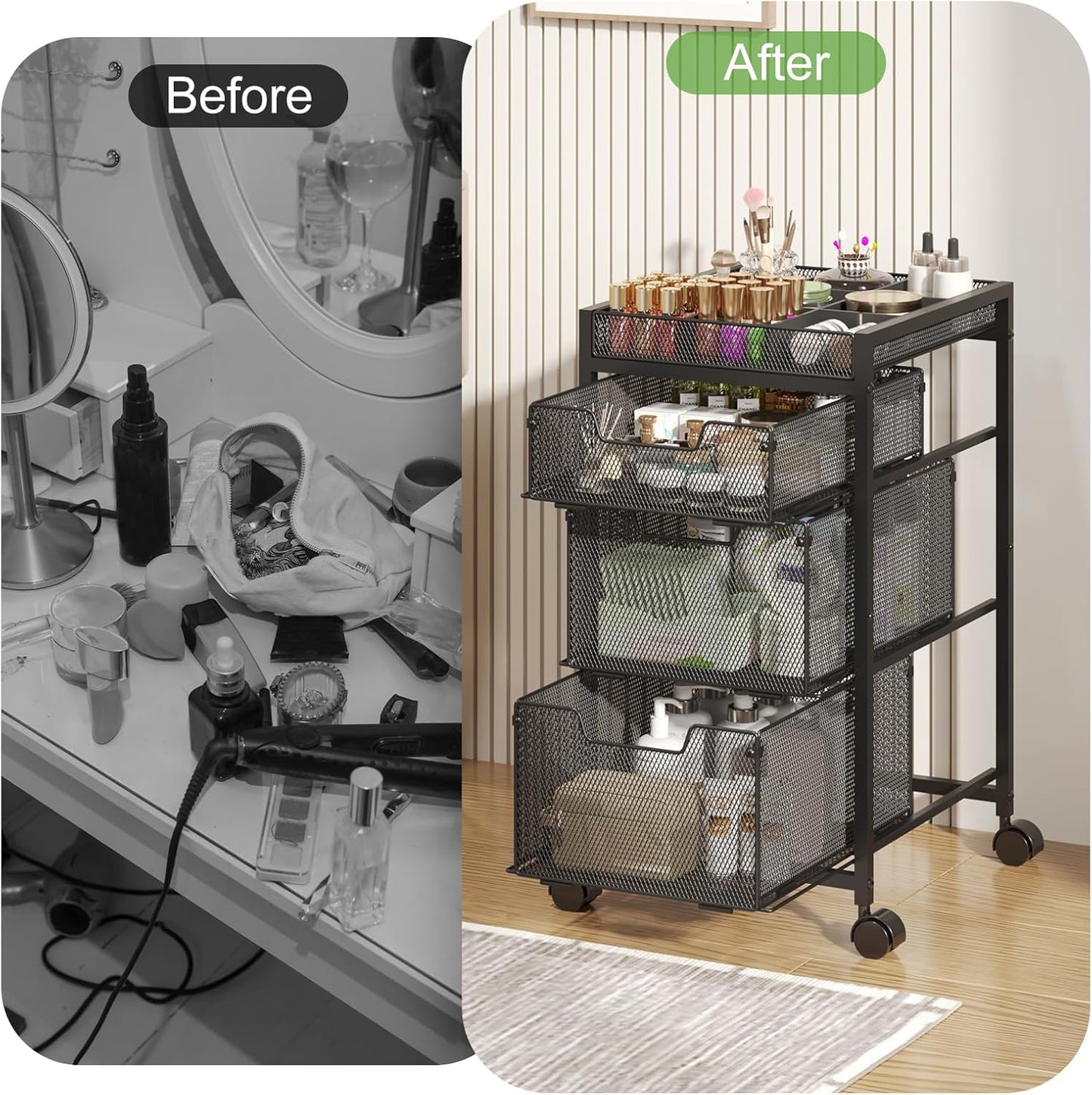 Rolling Makeup Cart Organizer - 3 Drawer Cosmetics Storage with Wheels | Versatile Vanity Organizer for Skincare & Beauty Tools - Black