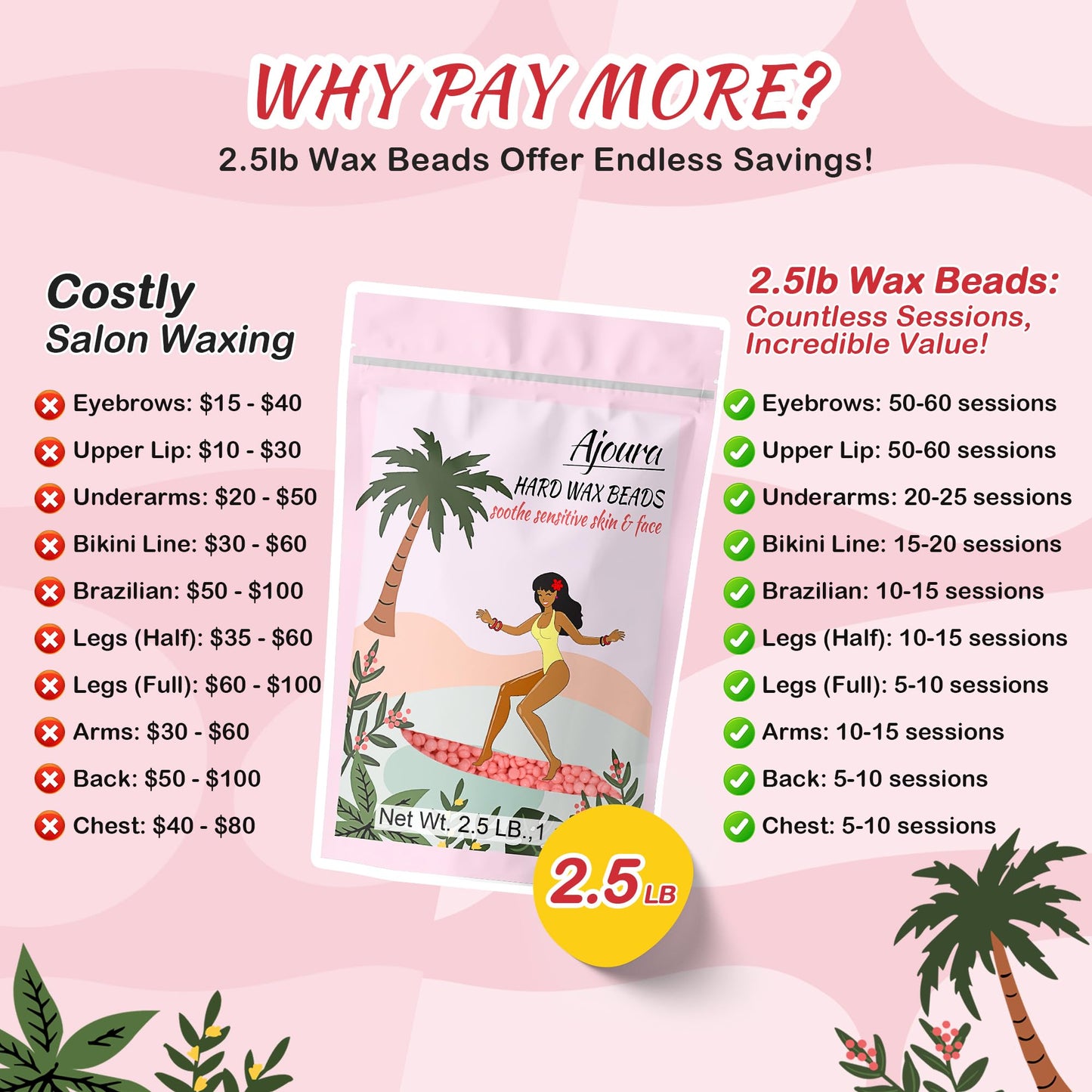 Ajoura 2.5LB Wax Beads for Hair Removal, Rose Hard Wax for Coarse Hair, Perfect for Brazilian, Bikini, Eyebrow, Legs, Facial, and Full Body Waxing, At-Home Wax Refill for Women and Men