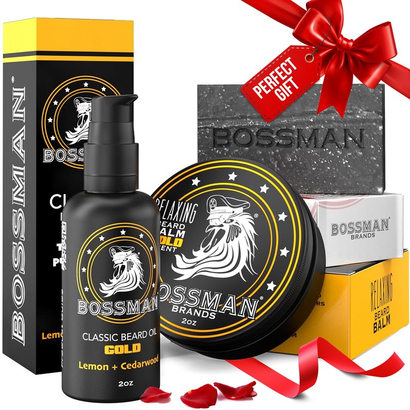 Bossman Starter Beard Kit for Men – Beard Oil (2 oz), Beard Balm & Bar Soap – Natural & Organic Grooming Kit – Made in the USA Men Gift Set (Gold Scent)