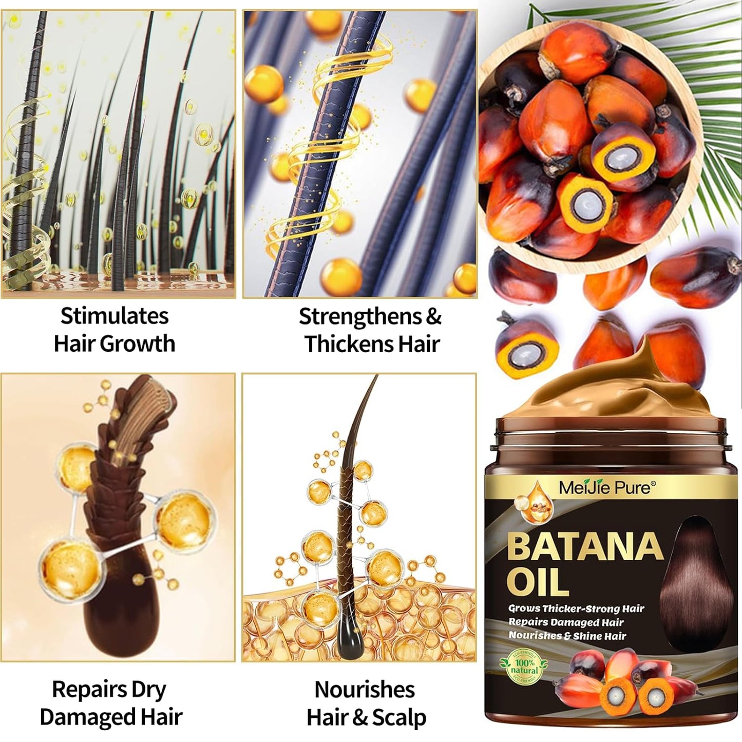Batana Oil for Hair Growth - 4Pc Set with Hair Mask, Lash Wand & Brow Brush | Promotes Thickness & Prevents Hair Loss