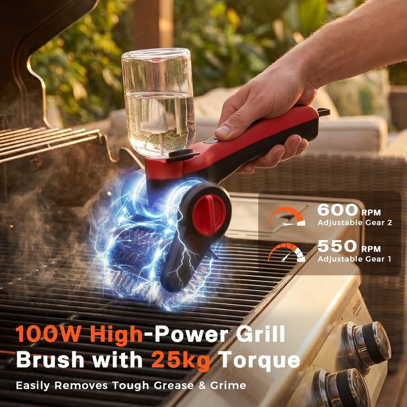 Nozrix Electric Grill Brush, 100W High Power Cordless BBQ Cleaner with 300ml Water Spray Tank, IPX8 Waterproof Automatic Scrubber for Gas Charcoal Grills, 2-Speed Rechargeable Power Brush with Scraper
