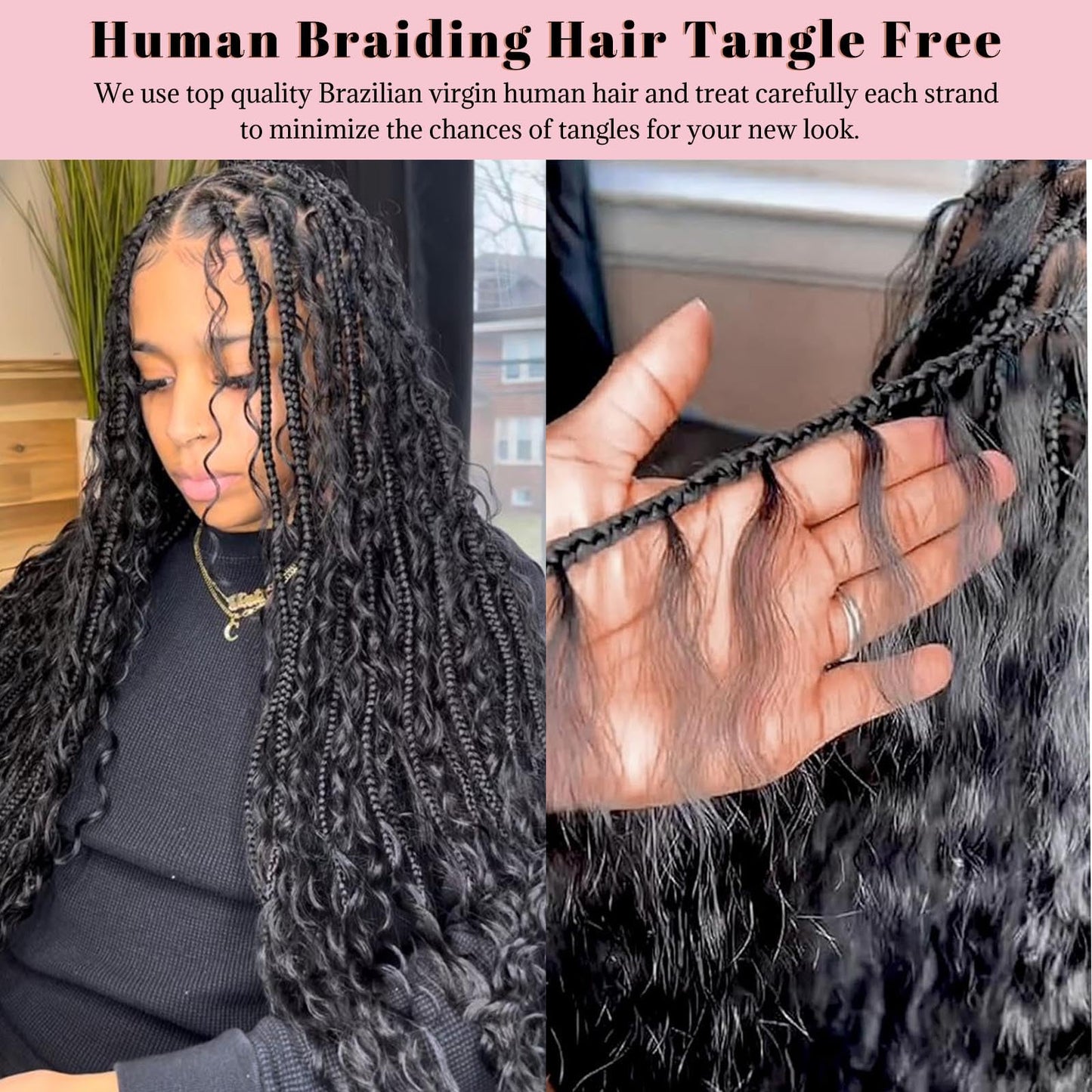 Human Braiding Hair for Boho Water Wave Bulk 100g 24 Inch Curly Knotless 10A Natural Color Extensions for Micro Braiding 2 Bundles