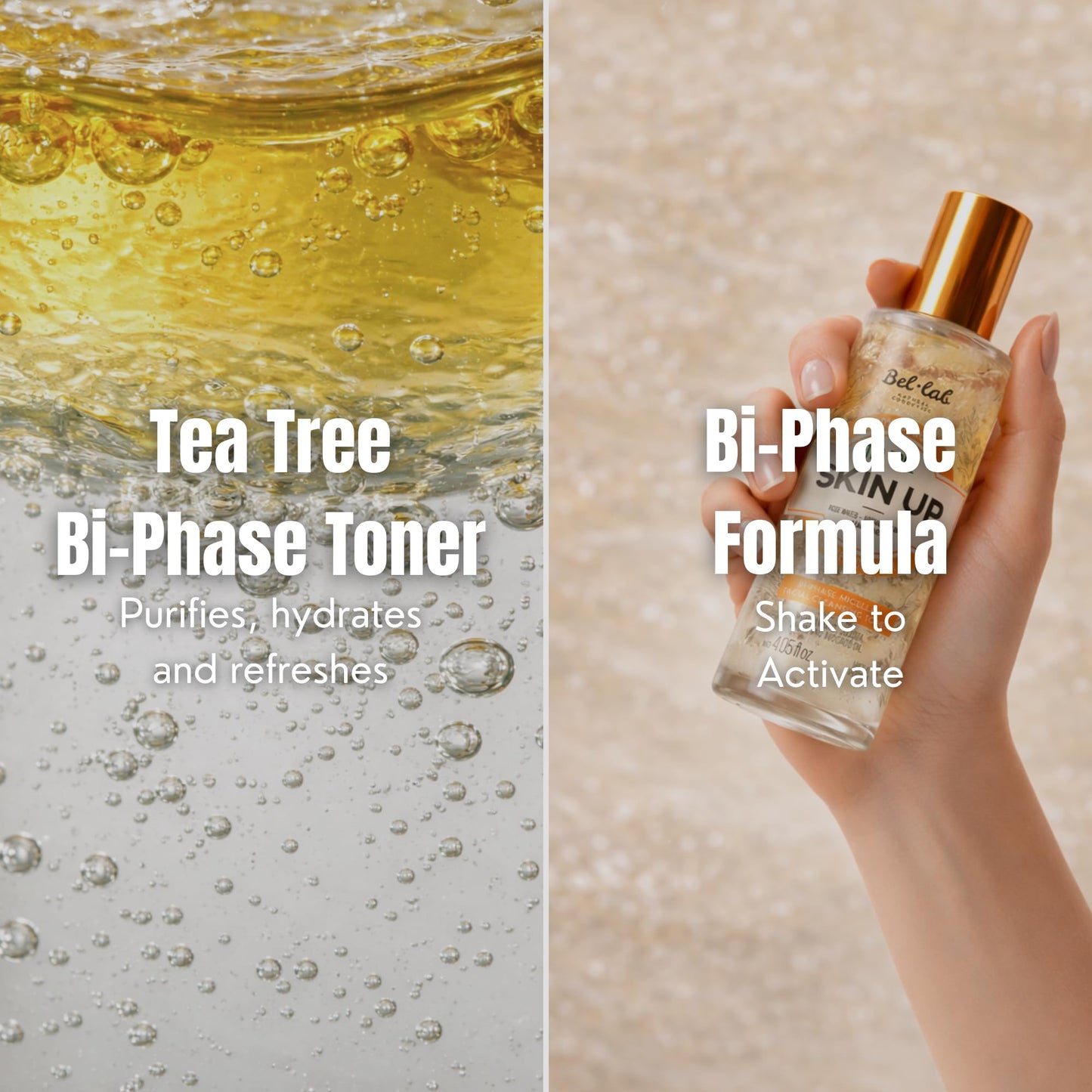 Bel Lab Skin Up Tea Tree Micellar Water Toner – Bi-Phase Facial Cleanser & Makeup Remover with Rose Water, Witch Hazel & Argan Oil – Sensitive Skin – Vegan – 4.05 fl oz
