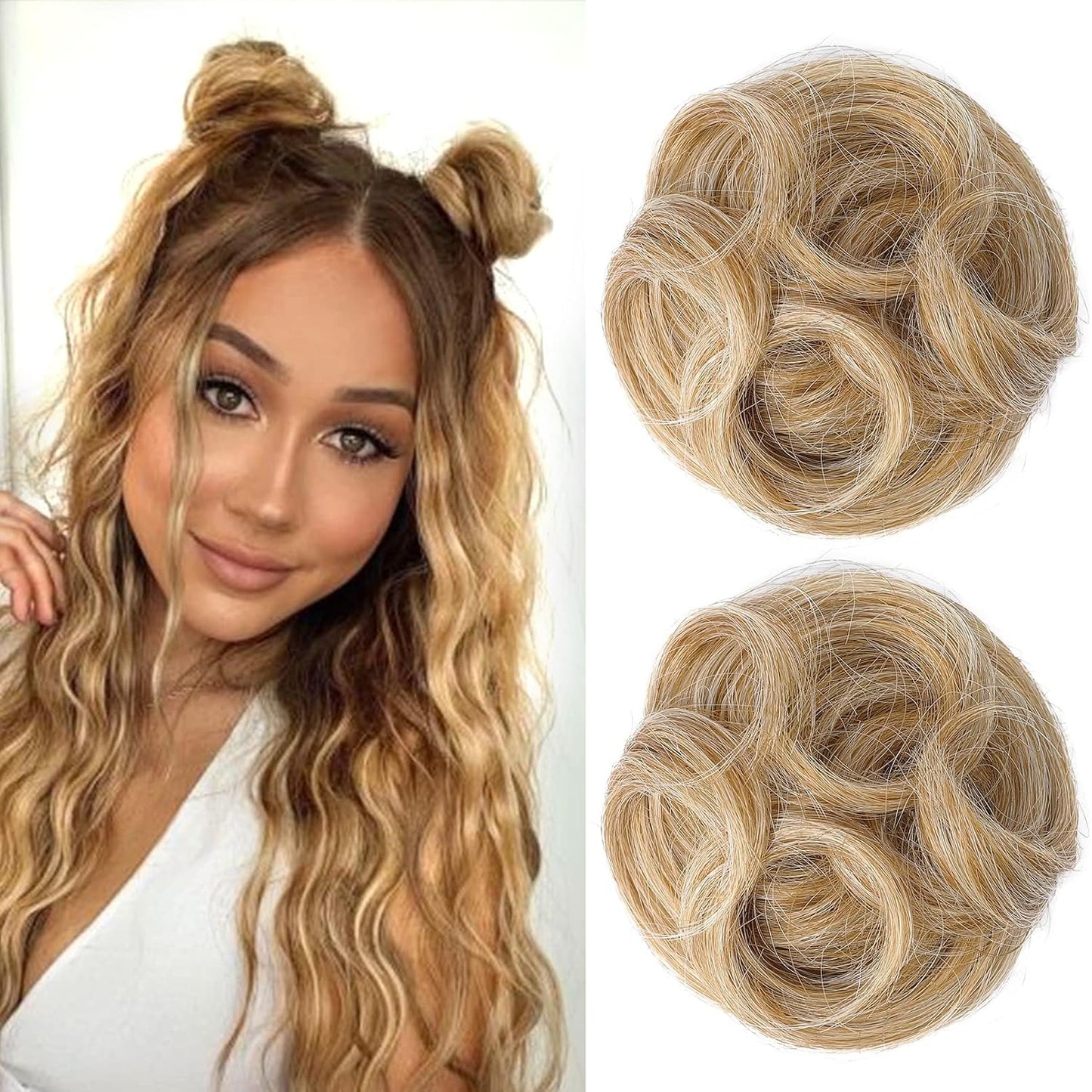 REECHO Mini Claw Clips - Messy & Cat Ears Hair Bun Extensions | 2-Pack, 3.5" Wavy, Natural Black