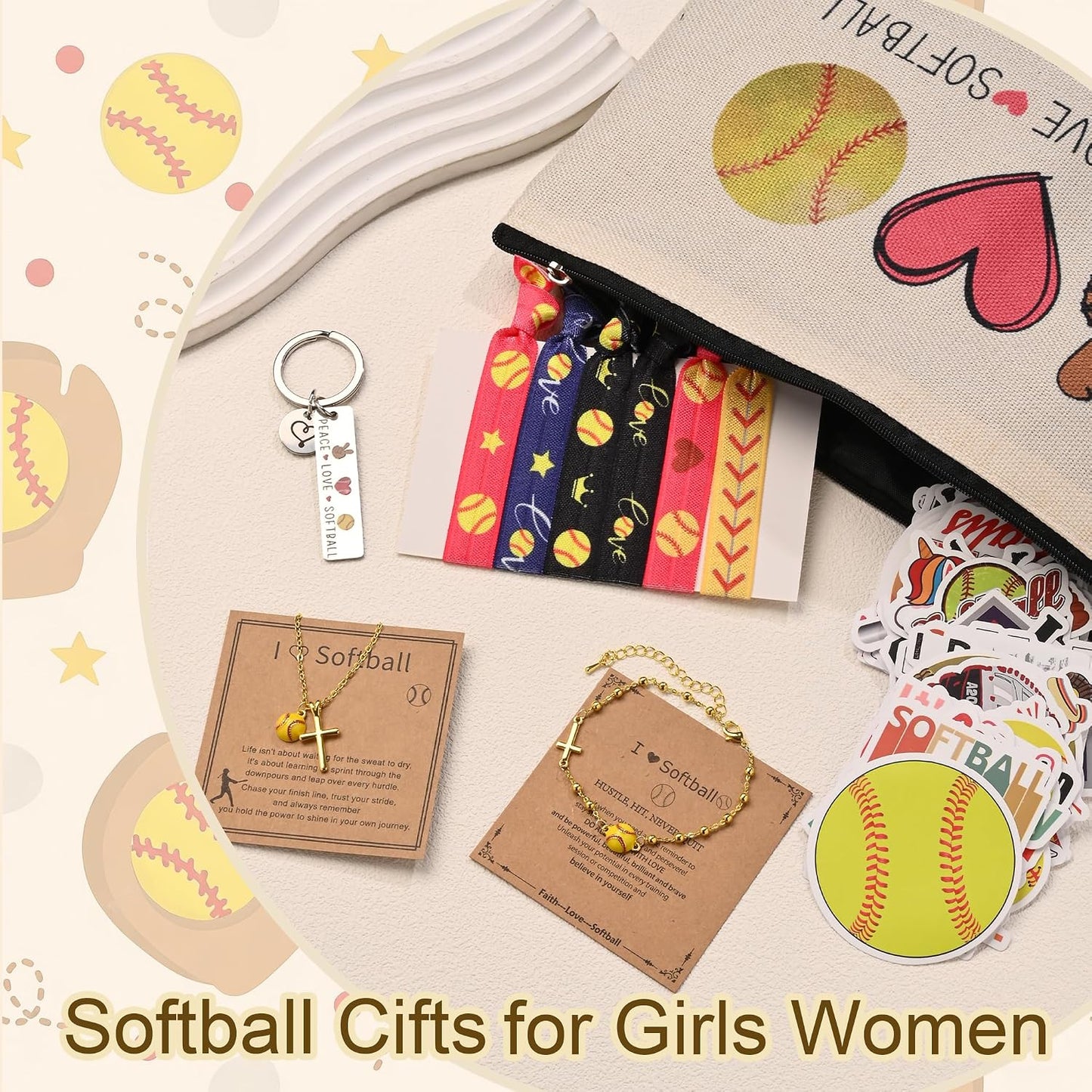 Softball Gifts Set for Women - Cross Charm Bracelet & Necklace, Makeup Bag, Hair Ties, Keychain & Stickers | Perfect Accessories for Sport Lovers