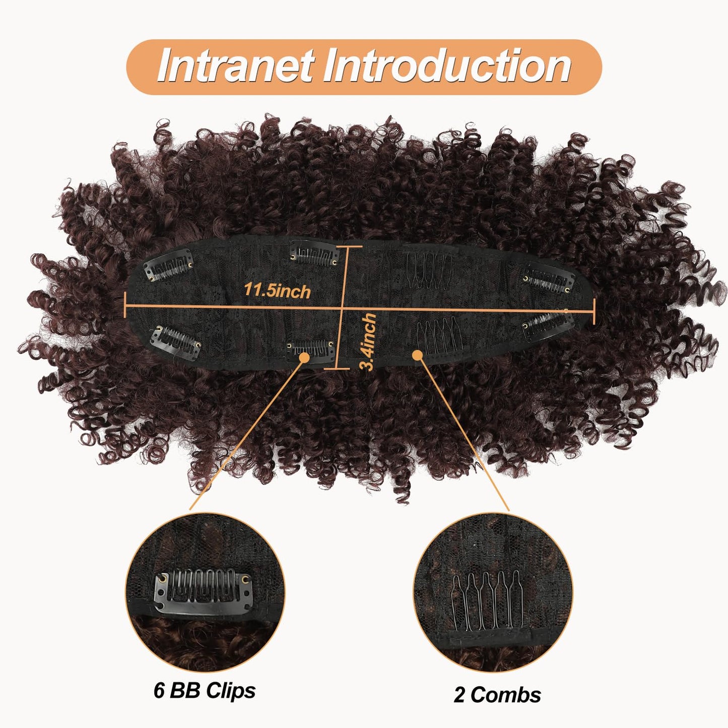 Mohawk Wig Short Kinky Curly Wine Red Ponytail Extension with Bangs,Burgundy Curly Synthetic Clip in Mohawk Ponytail with Six Clips and Two Combs Fluffy Dark Red Hair for Daily Party Use 99J