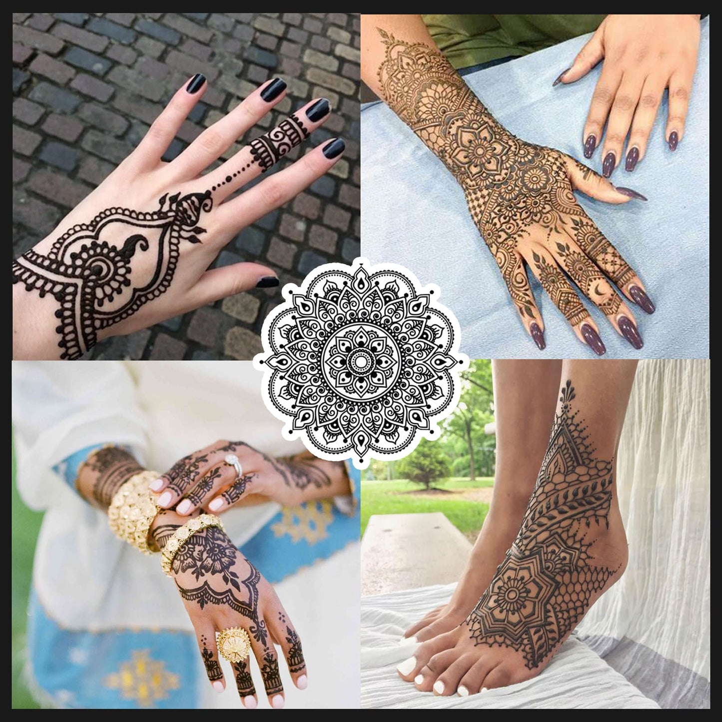Temporary Tattoos Kit, 6Pcs Semi Permanent Tattoo Paste Cones, India Body DIY Art Painting for Women Men Teens,Summer Trend Freehand Plaste with 3 Colors,20Pcs Adhesive Stencil,1Pc Bottle,4Pcs Nozzles