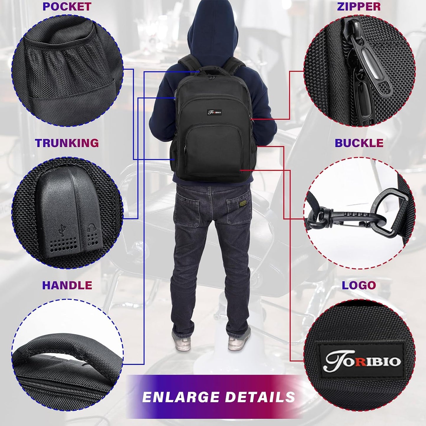 Barber Supplies Bag - Portable Backpack for Clippers & Tools with USB Port | Black