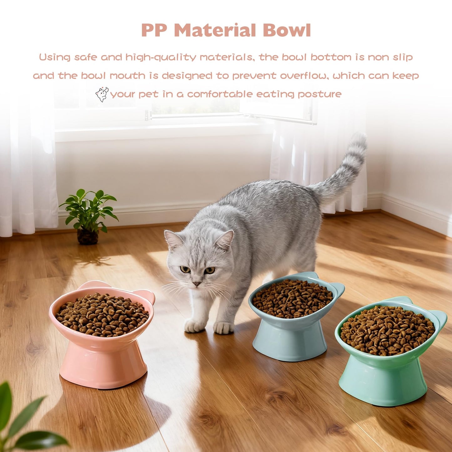 KSIA Klear Elevated Cat Bowls 2 Pack, Tilted Raised Cat Bowls for Indoor Cats, for Food and Water, 4.72" Wide, Whisker Friendly Anti Vomit for Indoor Cats, Microwave and Dishwasher Safe, Pink&Blue