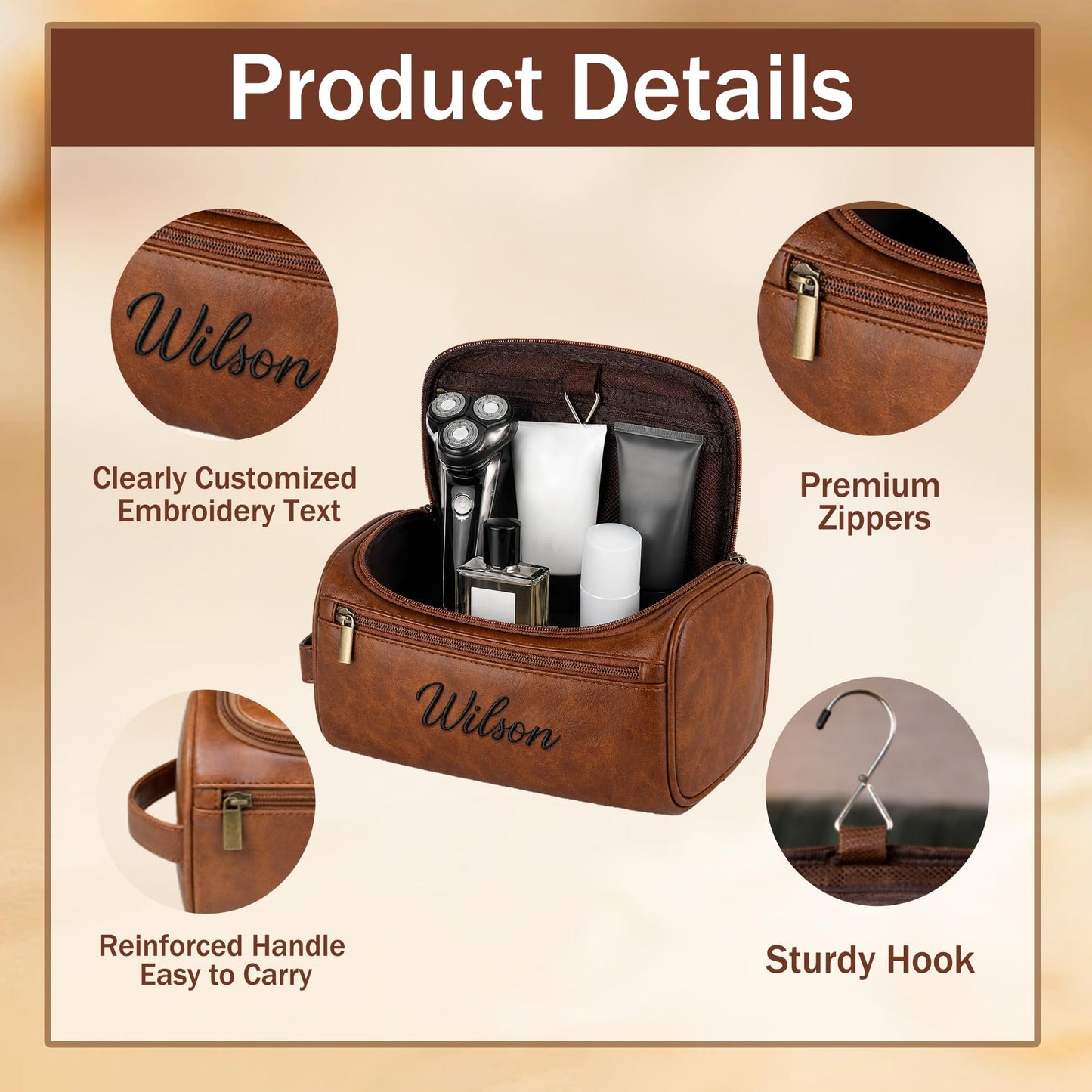 Personalized Toiletry Bag for Dad, Custom Embroidery with Name Letter PU Leather Waterproof Toiletry Organizer Dopp Kit Travel Essential for Men Husband Groomsmen Father's Day Anniversary (Coffee)