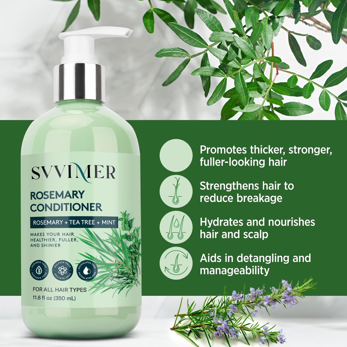 Svvimer Rosemary Hair Thickening Conditioner: Thickening Moisturizing Product with Biotin for Women Men - for Damaged Dry Thinning Hair 11.8 fl.oz