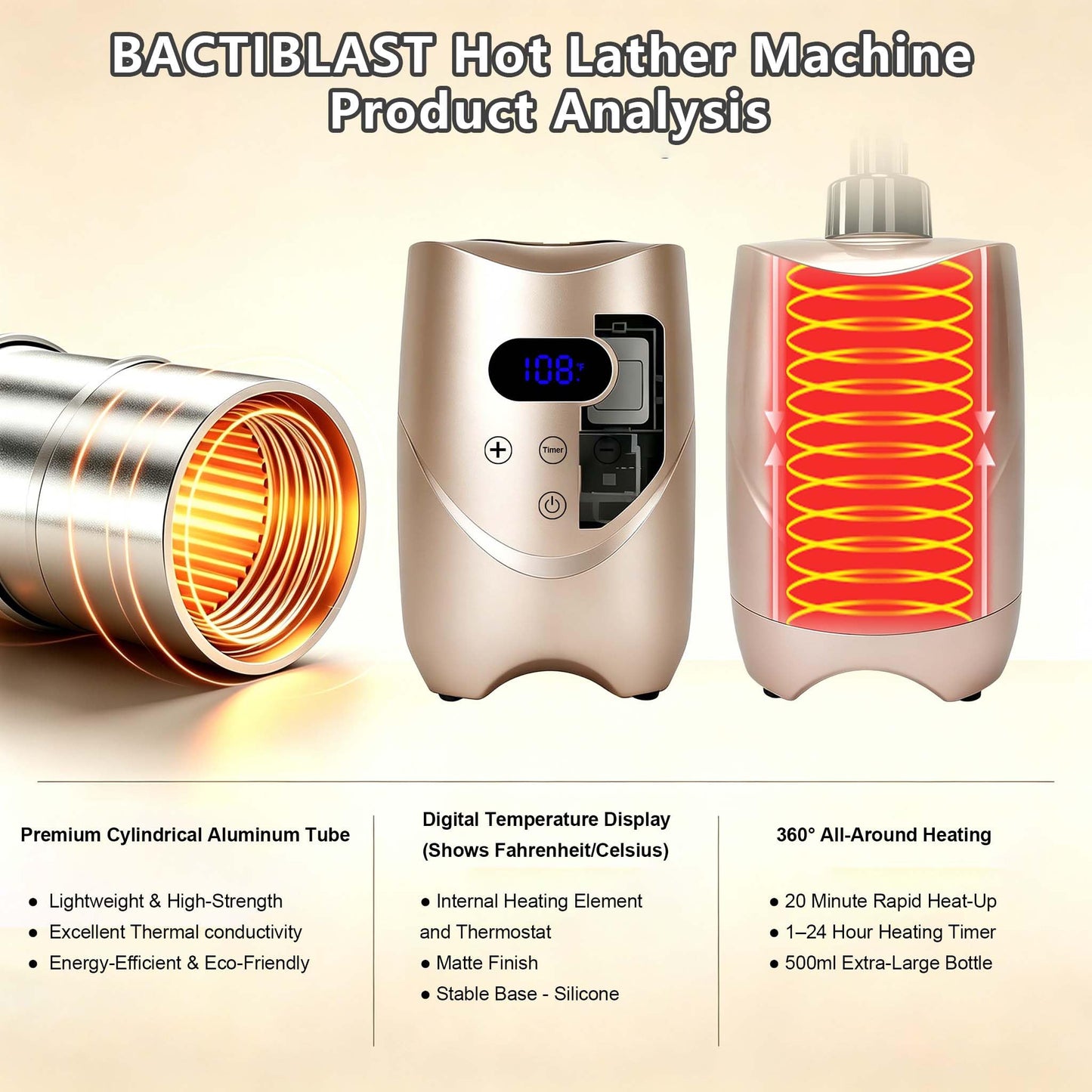 BACTIBLAST Champagne Colour Hot Lather Machine Barber – Professional Hot Shave Lather Machine for Men’s Facial Shaving | Shaving Cream Heater & Foam Machine, 500ml Bottles ×2,Hot Foam Machine Barber