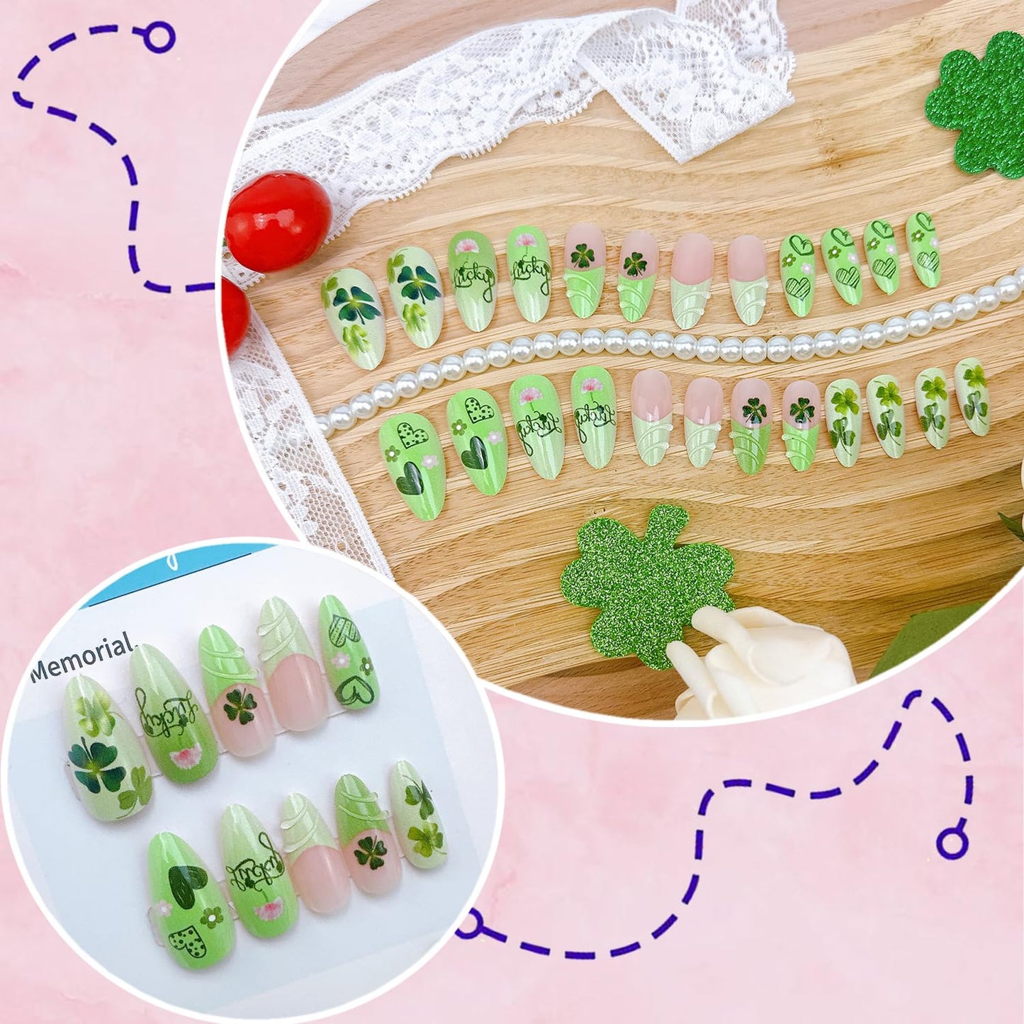 24Pcs St Patricks Day Press on Nails Medium Almond French Tip Fake Nails with 3D Designs Flower Shamrocks Acrylic Nails St Patrick's Day False Nail Irish Clover Full Cover Stick on Nails for Women