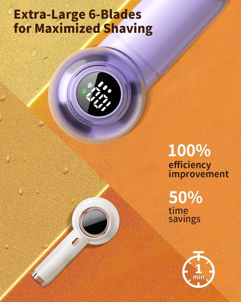 coldSky Fabric Shaver, 𝟮 𝗶𝗻 𝟭 Lint Remover with Brush, 1200mAh Sweater Shaver with Digital Display,3 Speeds Lint Shaver, 6-Leaf Blades Lint Remover for Clothes, Sofa, Bedding,Purple