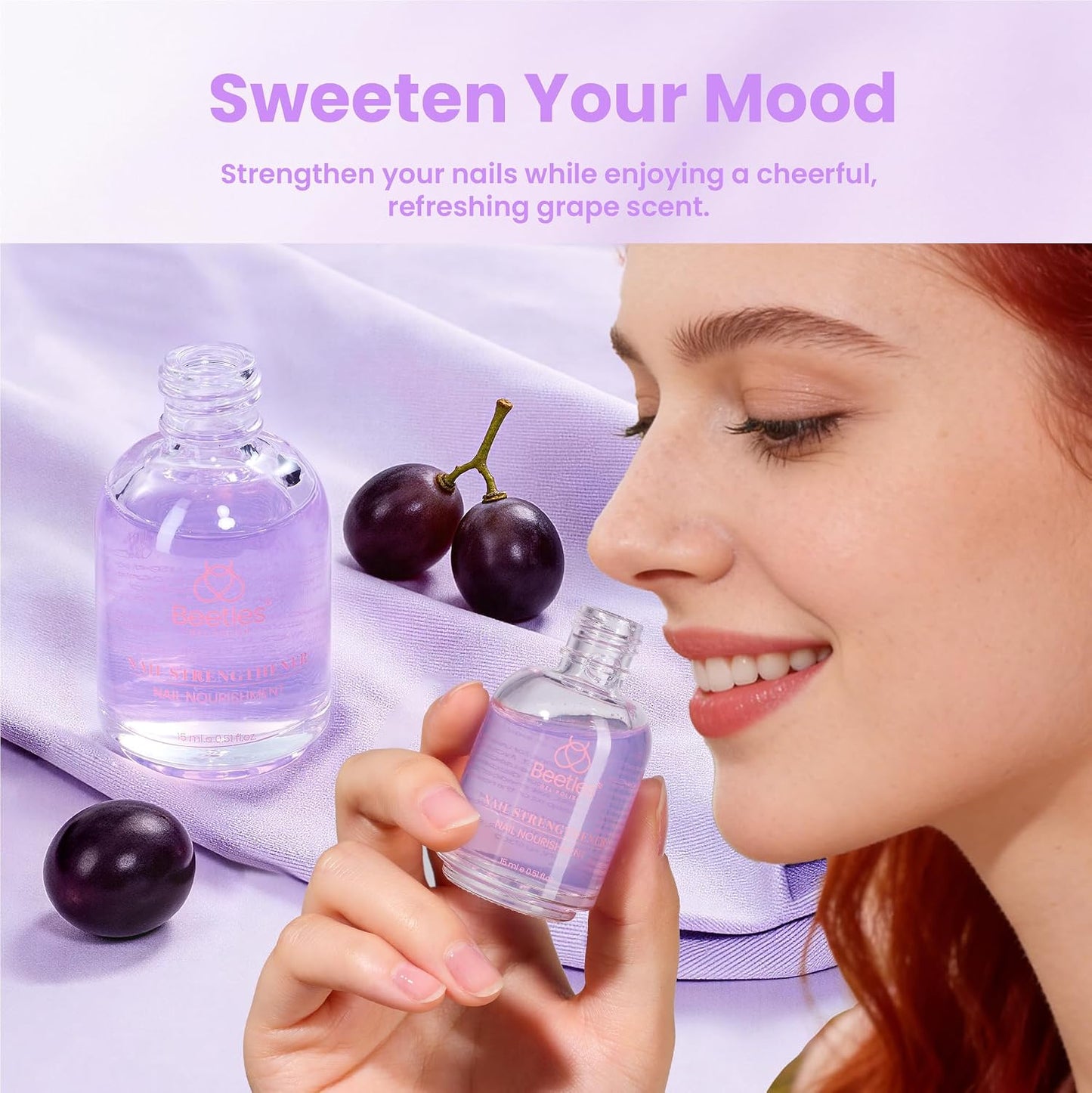 Beetles Nail Strengthener - Grape Nail Enhancer for Damaged Nails | 15ml Air Dry Polish for Natural Growth