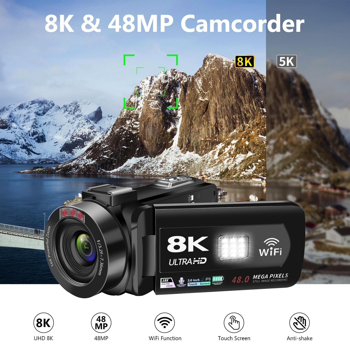 Video Camera 8k Camcorder 48MP UHD WiFi Vlogging Camera for YouTube with 18X Digital Zoom, IR Night Vision 3.0“ Touch Screen Recrding Camera with Microphone, 32G SD Card, Lens Hood, Remote, Batteries