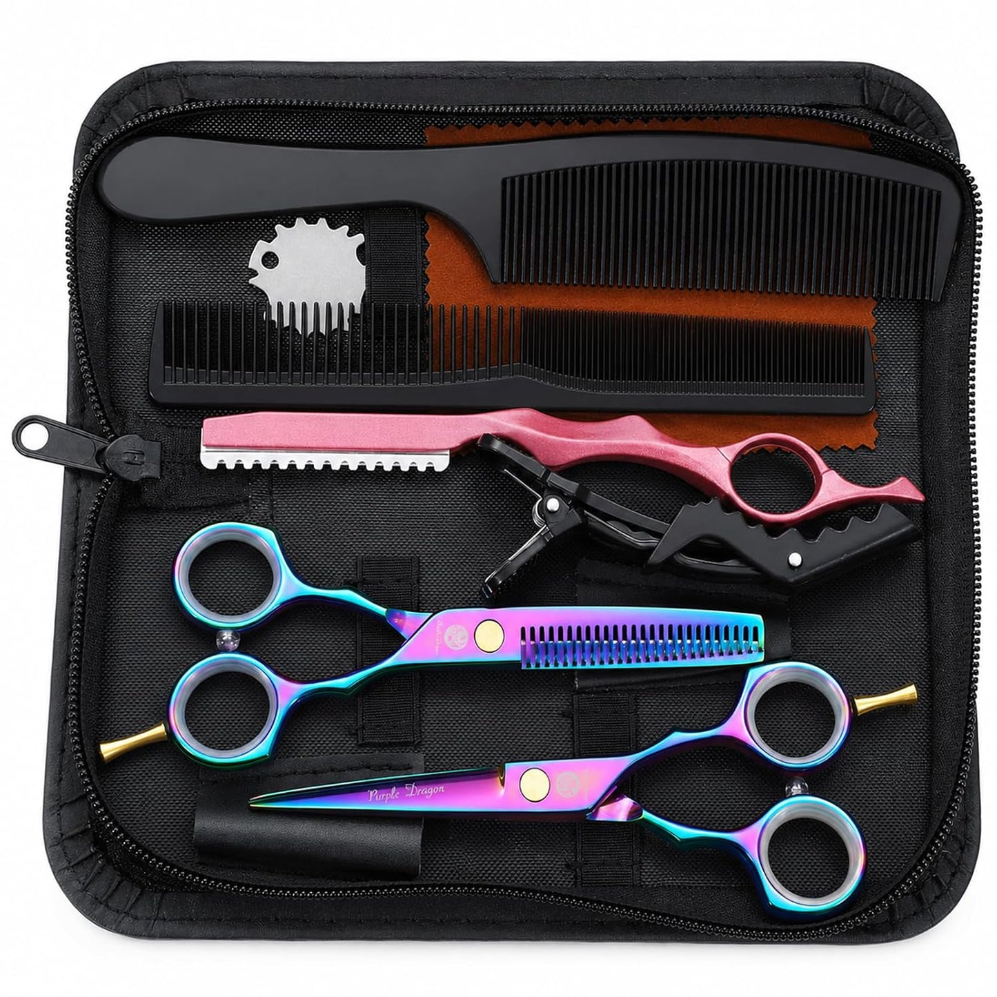 Purple Dragon Hair Cutting Scissors Set - 5.5 Inch Barber Shears with Razor & Leather Case | Thinning & Texturizing Tools for Professionals or Home Use