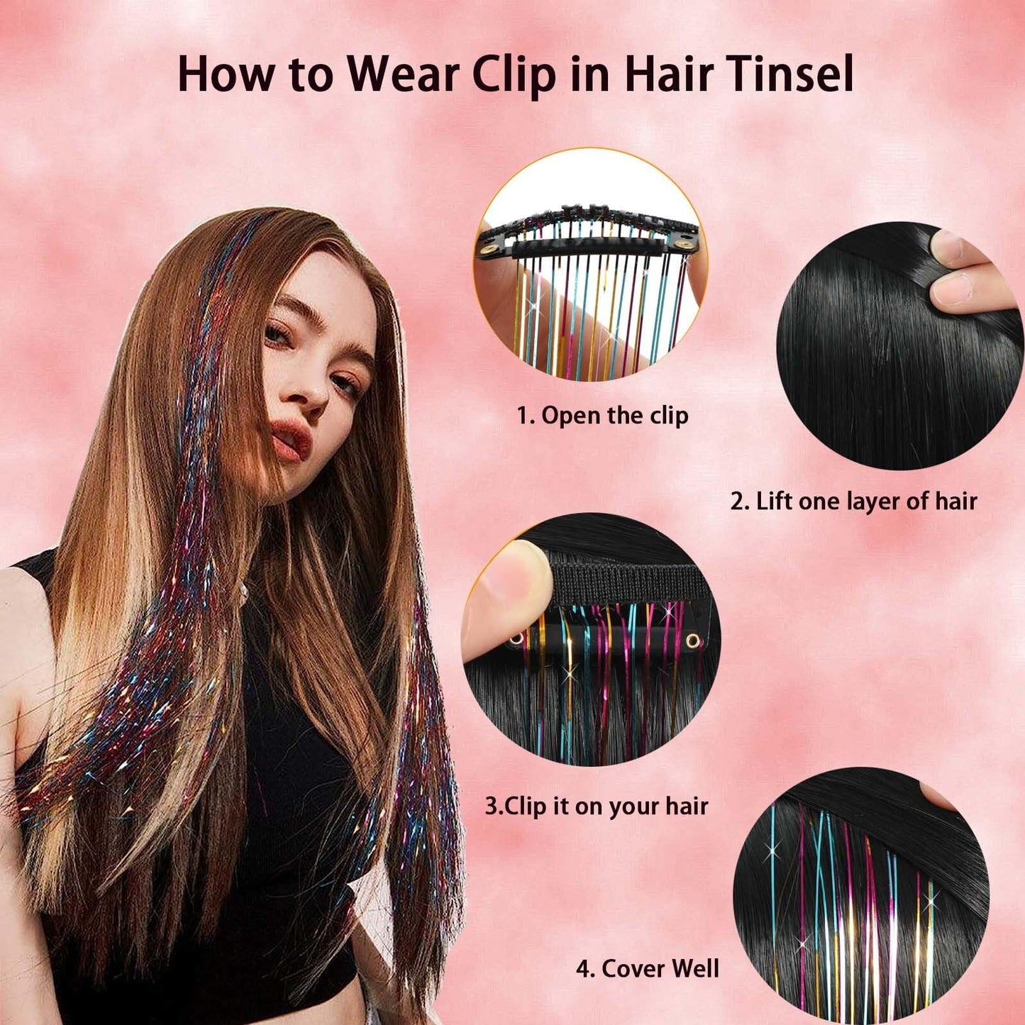 Hair Tinsel Clip in Tinsel Hair Extensions, 6Pcs 21.22In Fairy Glitter Hair Tinsel for Women Sparkle Heat Resistant Festival Hair Accessories for Halloween, Christmas, New Year, Party, Cosplay