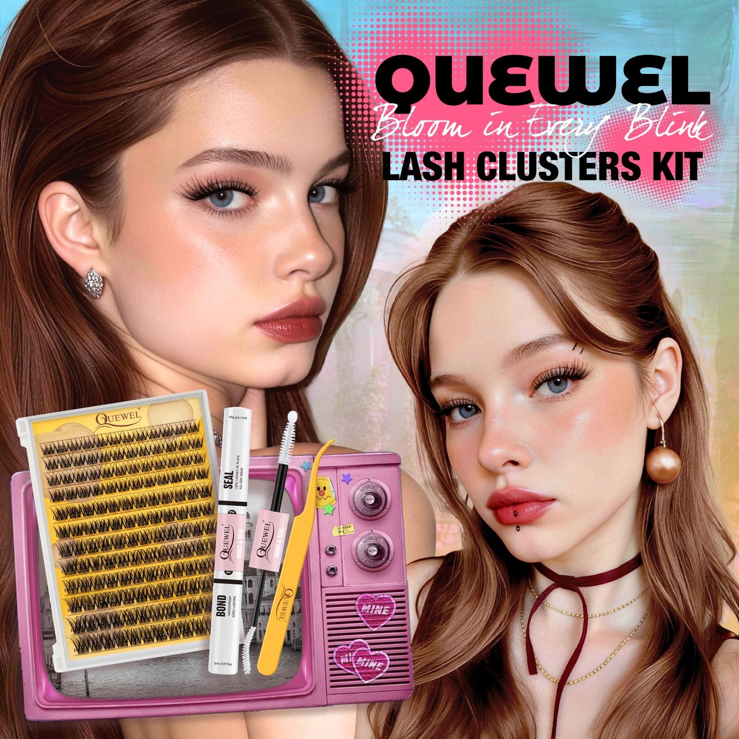 QUEWEL Natural Lash Clusters Kit Soft Wispy Lash clusters Invisible Band Lightweight C Curl Eyelash Extension Kit with Eyelash Clusters Bond and Seal Tweezers for Daily Wear (C)