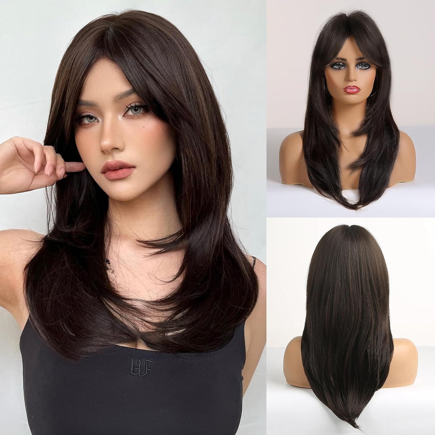 Long Dark Brown Highlights Wig for Women - Synthetic Curly Wavy Hair | Daily Wear
