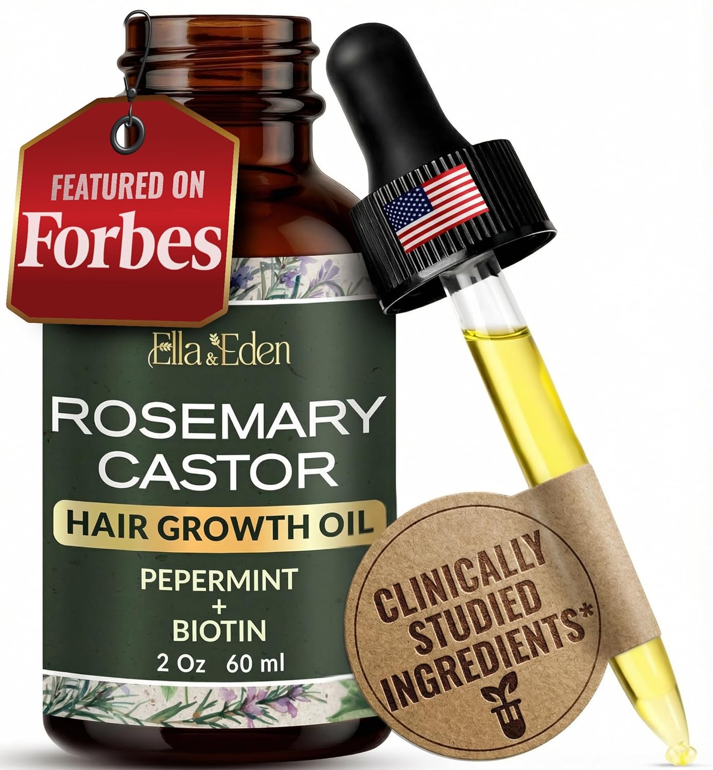 Hair Growth Oil - Rosemary, Castor & Peppermint Oils with Biotin - Dry Scalp Treatment | 2 Fl Oz Glass Bottle