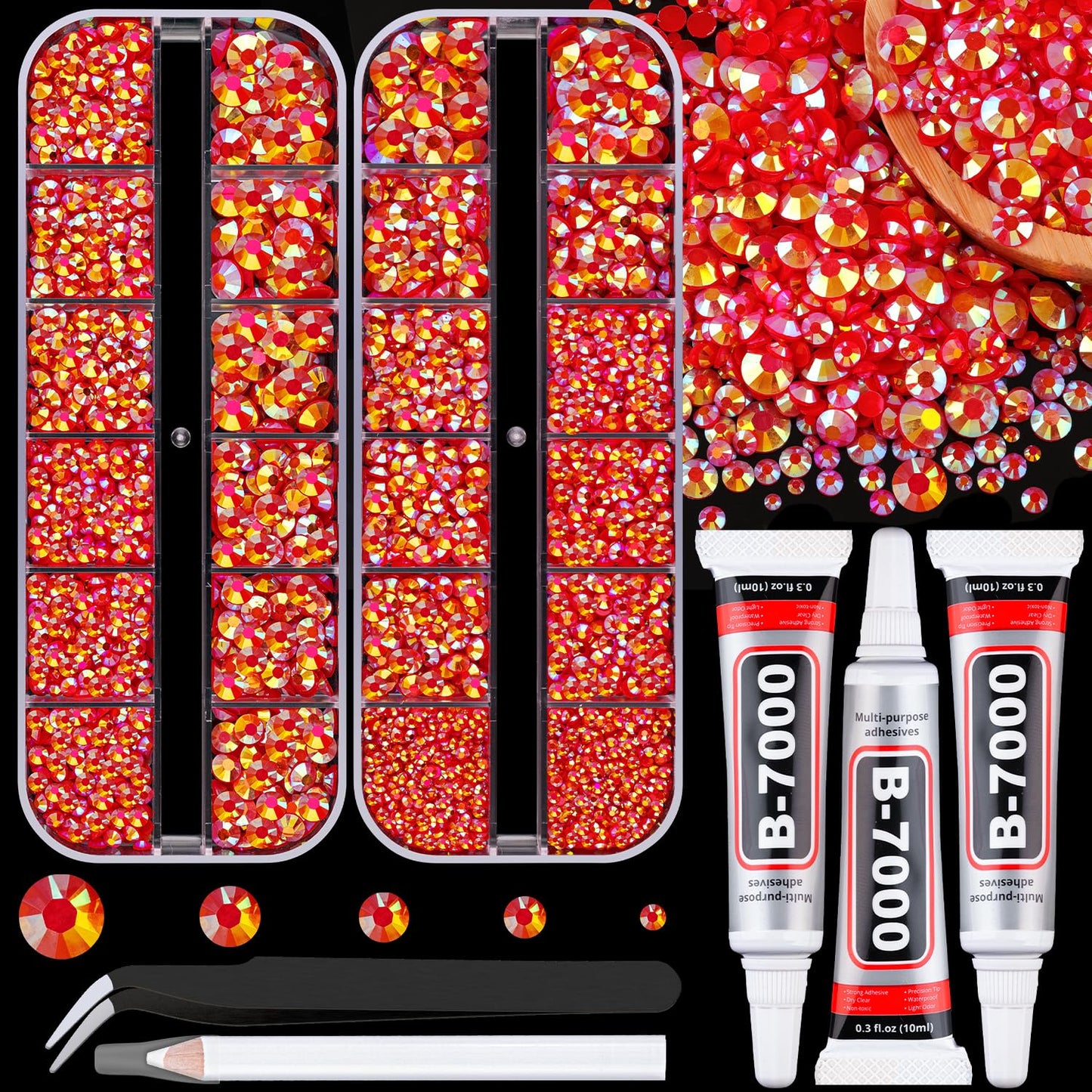 32000 Pcs Black Rhinestones - Flatback Resin Gems for Bedazzling | Jewelry Glue & Tweezers Included