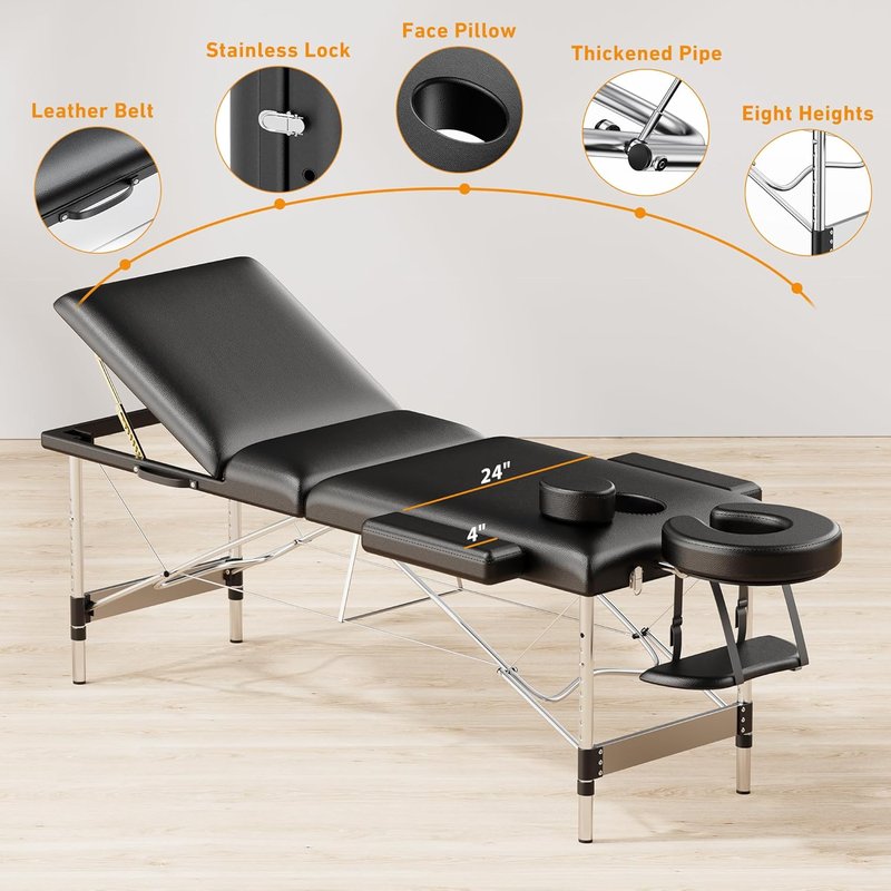 Portable Massage Table - 84" Long | Professional 3-Section Reclining Couch for SPA & Tattoo Use - Black
