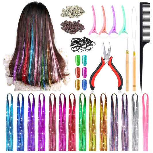 14 Colors Hair Tinsel Kit with Tool, 47 inch 2800 Strands Tinsel Hair Extensions for Women Girls, Fairy Hair Tinsel Glitter Sparkling Shiny Colorful Synthetic Hair for Party Daily Life Fashion